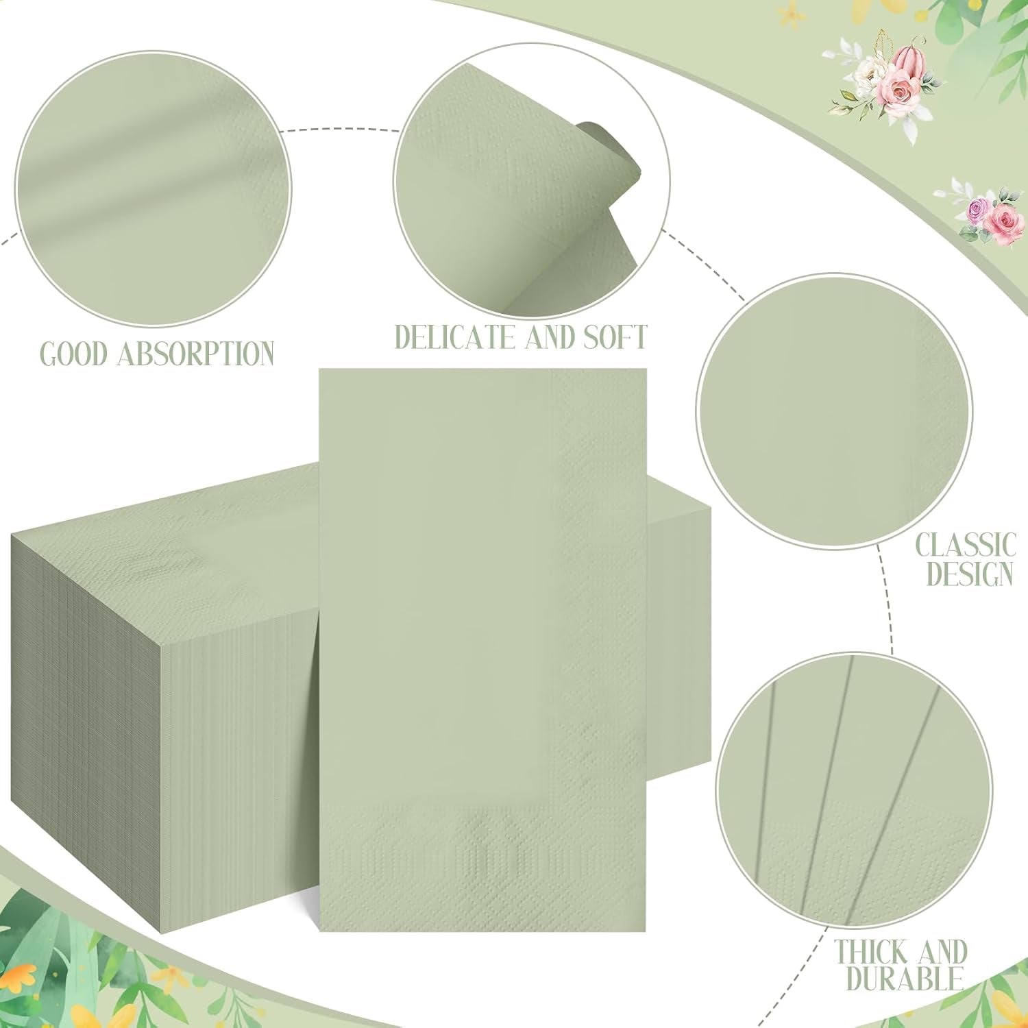 50Pcs Sage Green Disposable Paper Napkins,Decorative Dinner Cocktail Napkin Paper Hand Towels for Easter,Wedding,Birthday,Baby Shower Party Decorations and Supplies,7.9X4.3