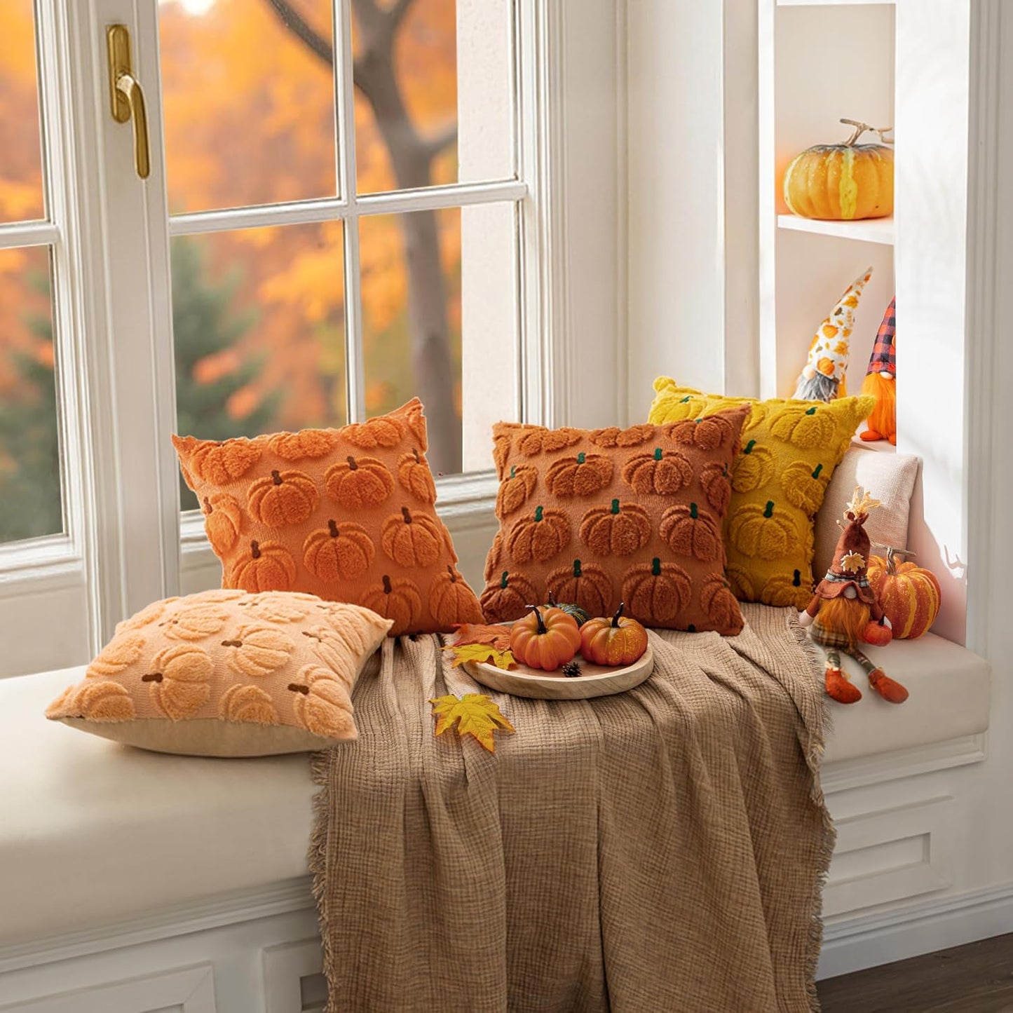 Fall Pumpkin Throw Pillow Covers Decor Set of 2 Dark Rust Green Stem 18 X 18 Decorative Cushion Covers Soft Faux Fur Couch Pillows for Autumn Harvest Outdoor Porch Farmhouse Halloween Home
