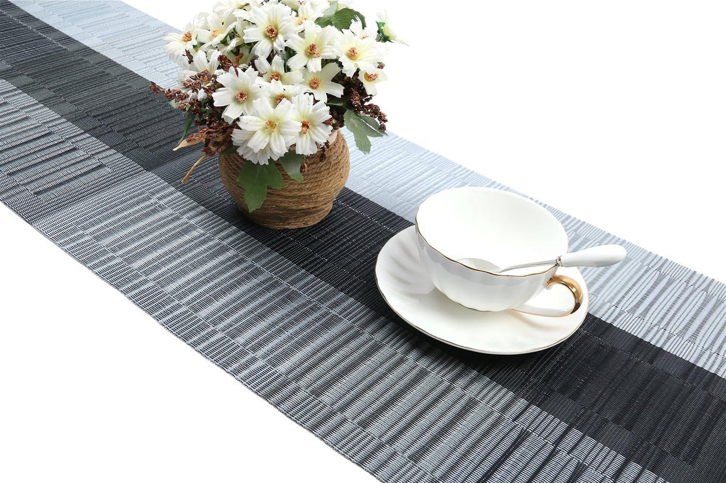 Woven Vinyl Table Runners PVC Table Runners 12 X 36 Inch Wipe Clean Reversible Plastic Weave Tabletop Counter Decor Mats Indoor Outdoor, Ombre Black and Gray