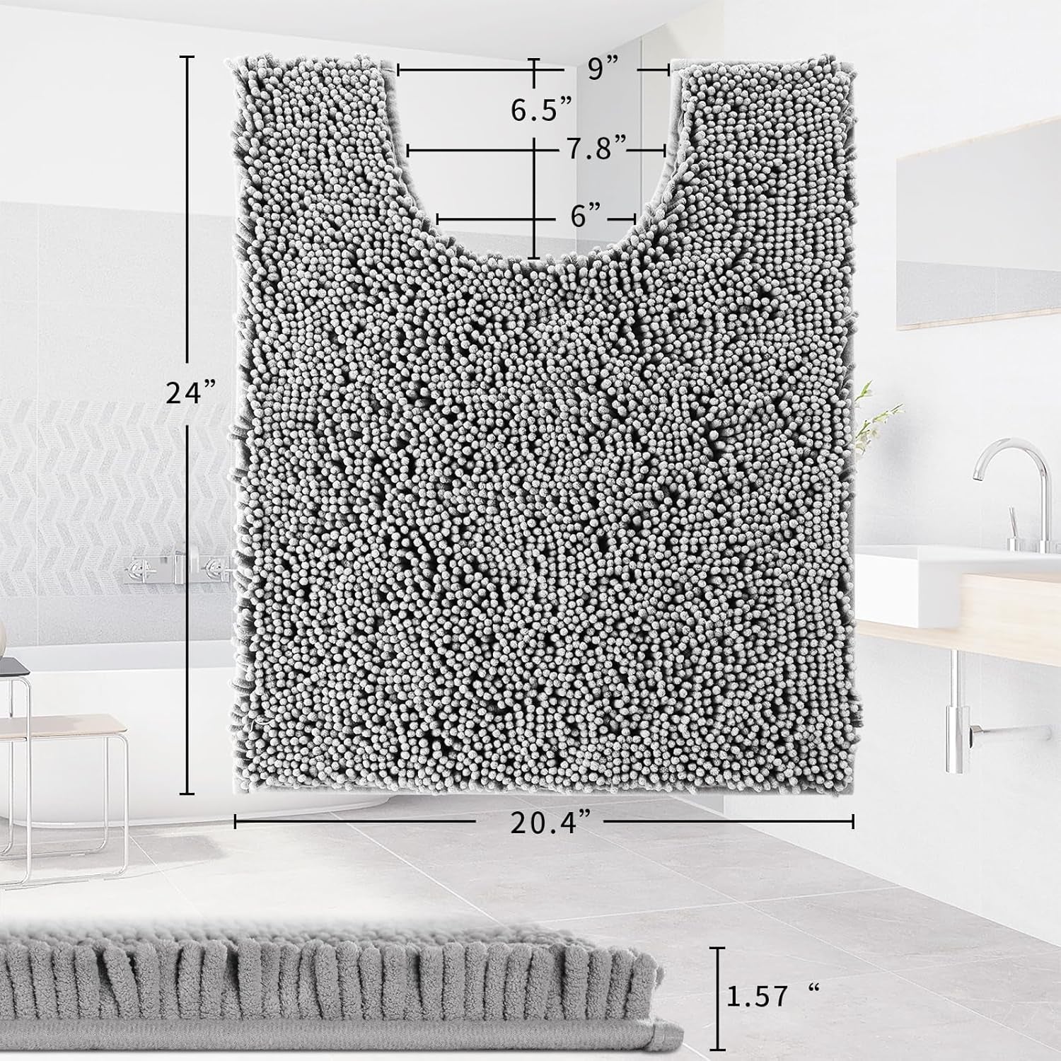 Luxury Shaggy Toilet Bath Mat U-Shaped Contour Rugs for Bathroom, 24.4 X 20.4 Inches, Soft and Comfortable, Maximum Absorbent, Dry Quickly, Non-Slip, Machine-Washable,Grey