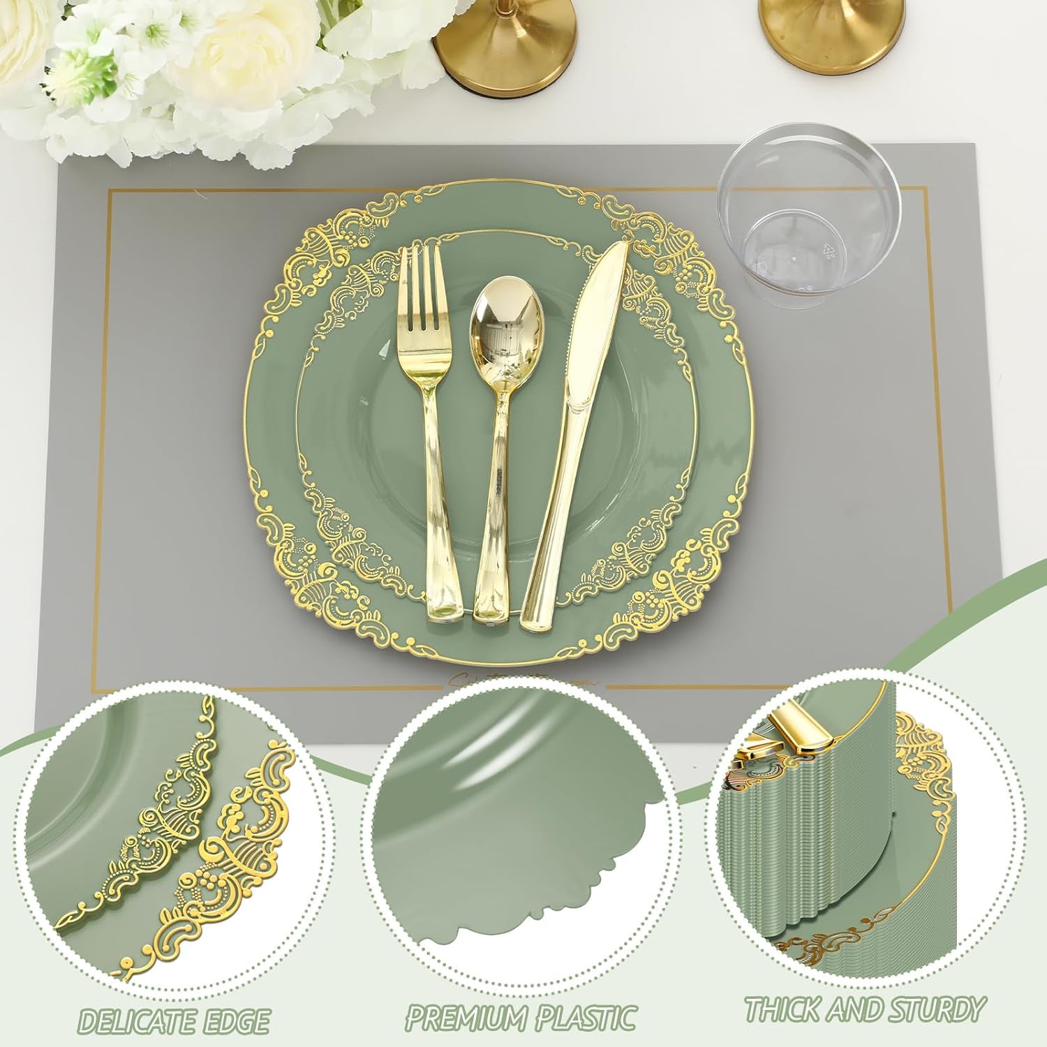 300-Piece Sage Green Plastic Dinnerware Set with Gold Accents - Includes 50 Dinner Plates (10.2"), 50 Dessert Plates (7.5"), and 150 Gold Utensils for Weddings and Events