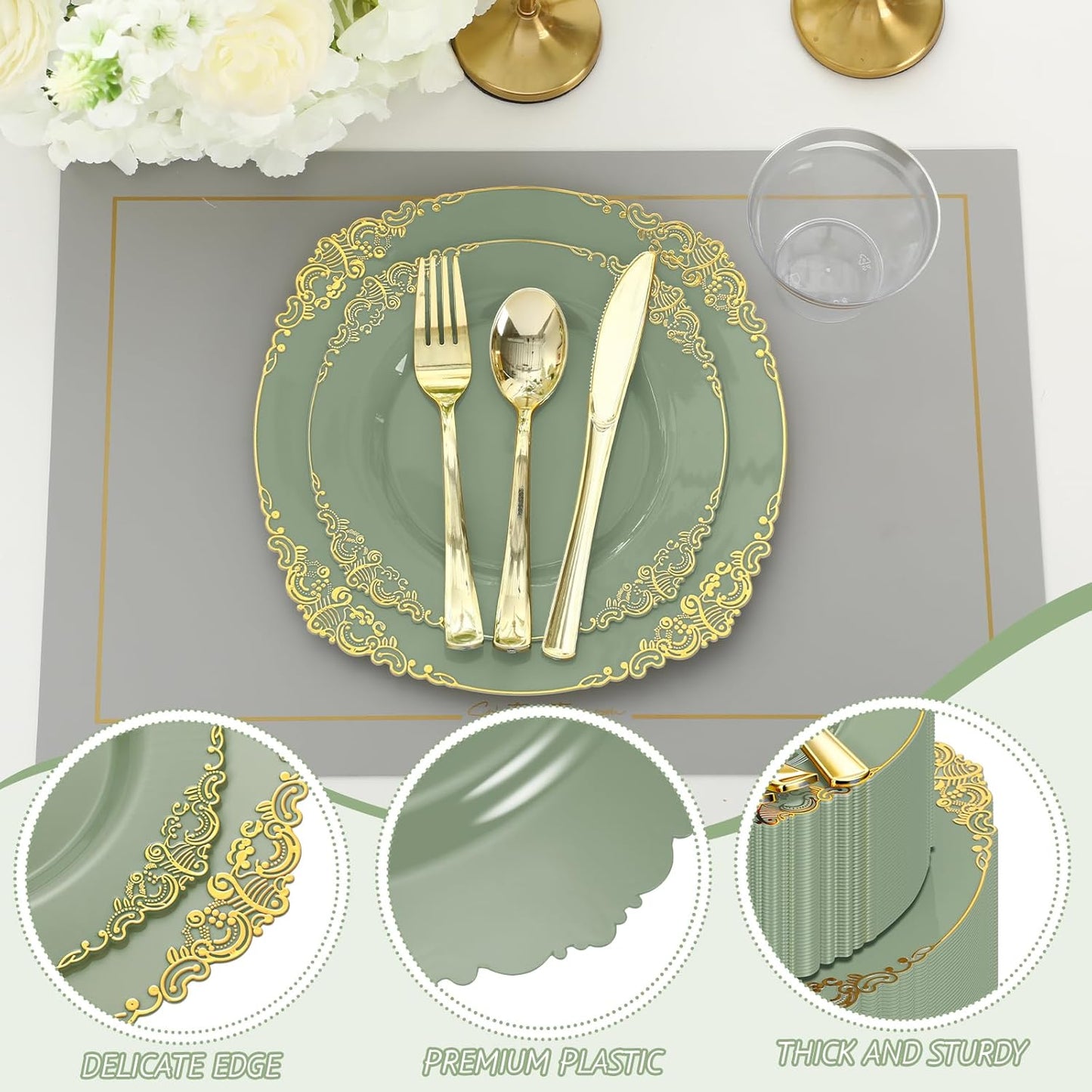 300-Piece Sage Green Plastic Dinnerware Set with Gold Accents - Includes 50 Dinner Plates (10.2"), 50 Dessert Plates (7.5"), and 150 Gold Utensils for Weddings and Events