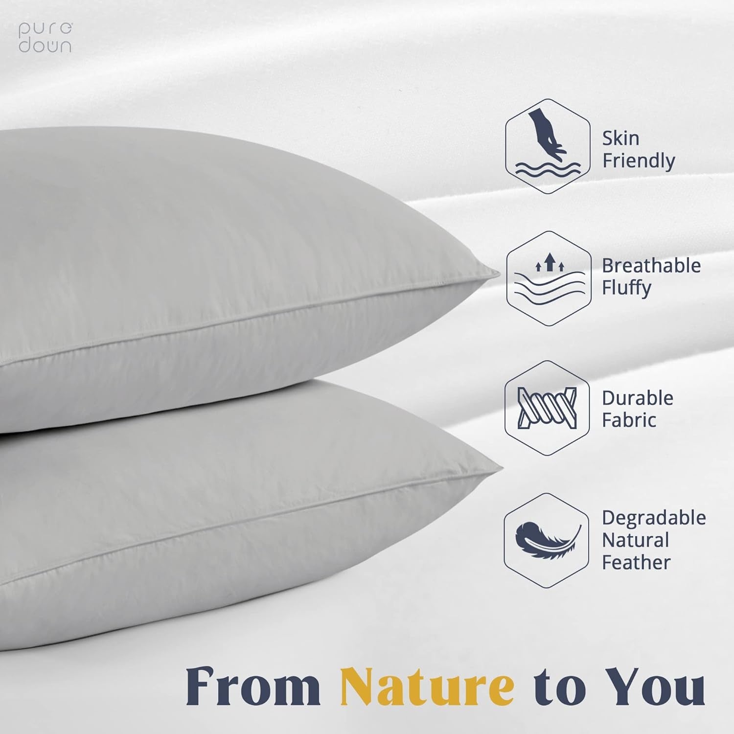 Goose Feathers down Pillows - Standard Size Bed Sleeping Hotel Collection Pillows Set of 2 with 100% Cotton Cover, Grey