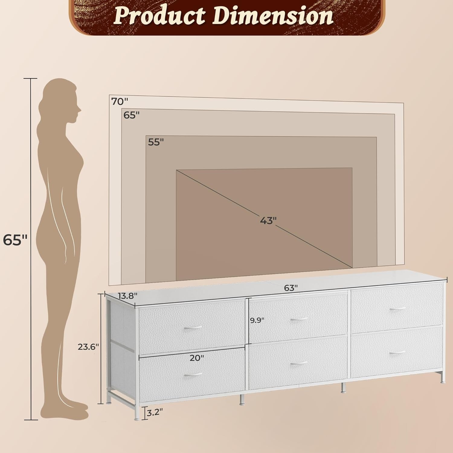 63-Inch Long Dresser and TV Stand for 55 to 70 Inch TVs, 6-Drawer Storage Organizer with Fabric Drawers, PU Leather Finish, Ideal for Bedroom and Entryway, White