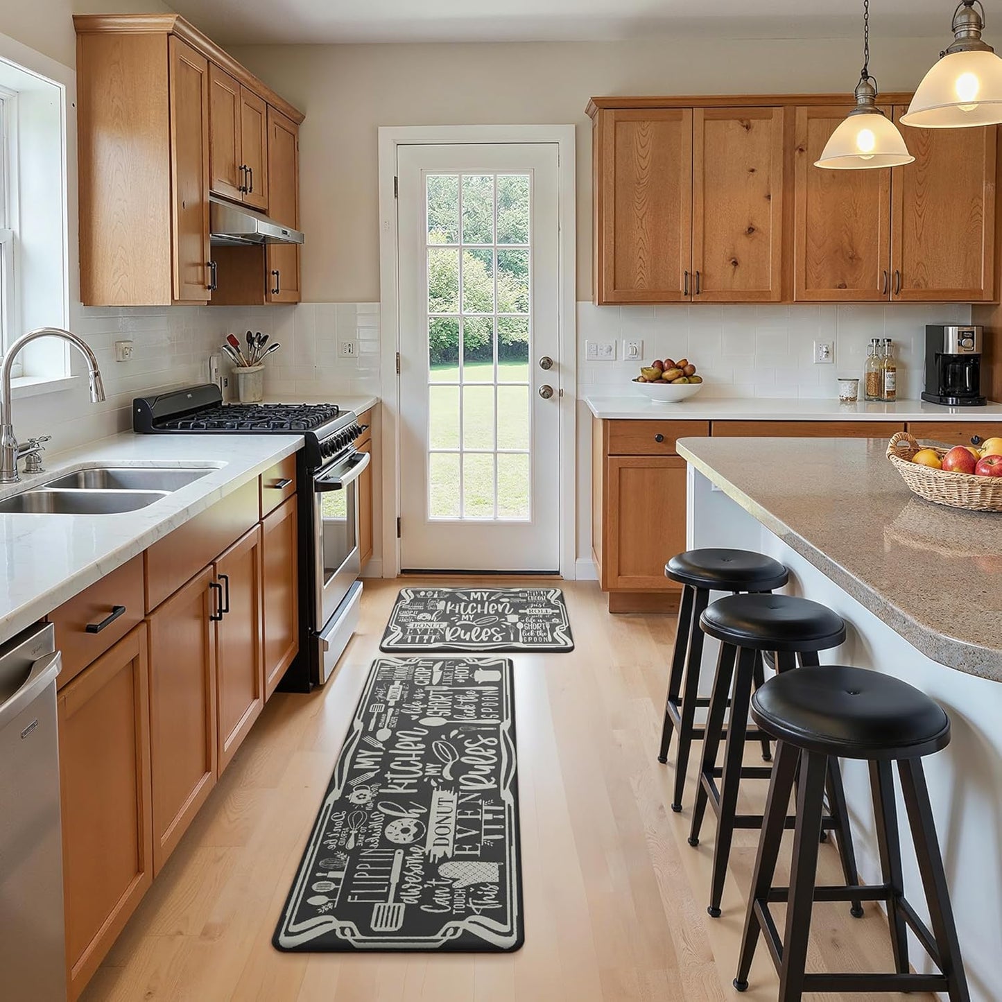 anti Fatigue Kitchen Mats for Floor, Non Slip Washable Kitchen Rules Theme Rugs Sets of 2, Farmhouse Cushioned Waterproof Comfort Runner Rug for Kitchen, Sink, Laundry, 17"X 47"+17"X 30", Black
