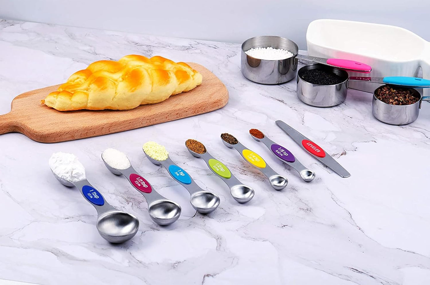 Measuring Cups and Magnetic Measuring Spoons Set, Stainless Steel Measuring Cups, 6 Double-Sided Stainless Steel Measuring Spoons & 1 Leveler (5+7)