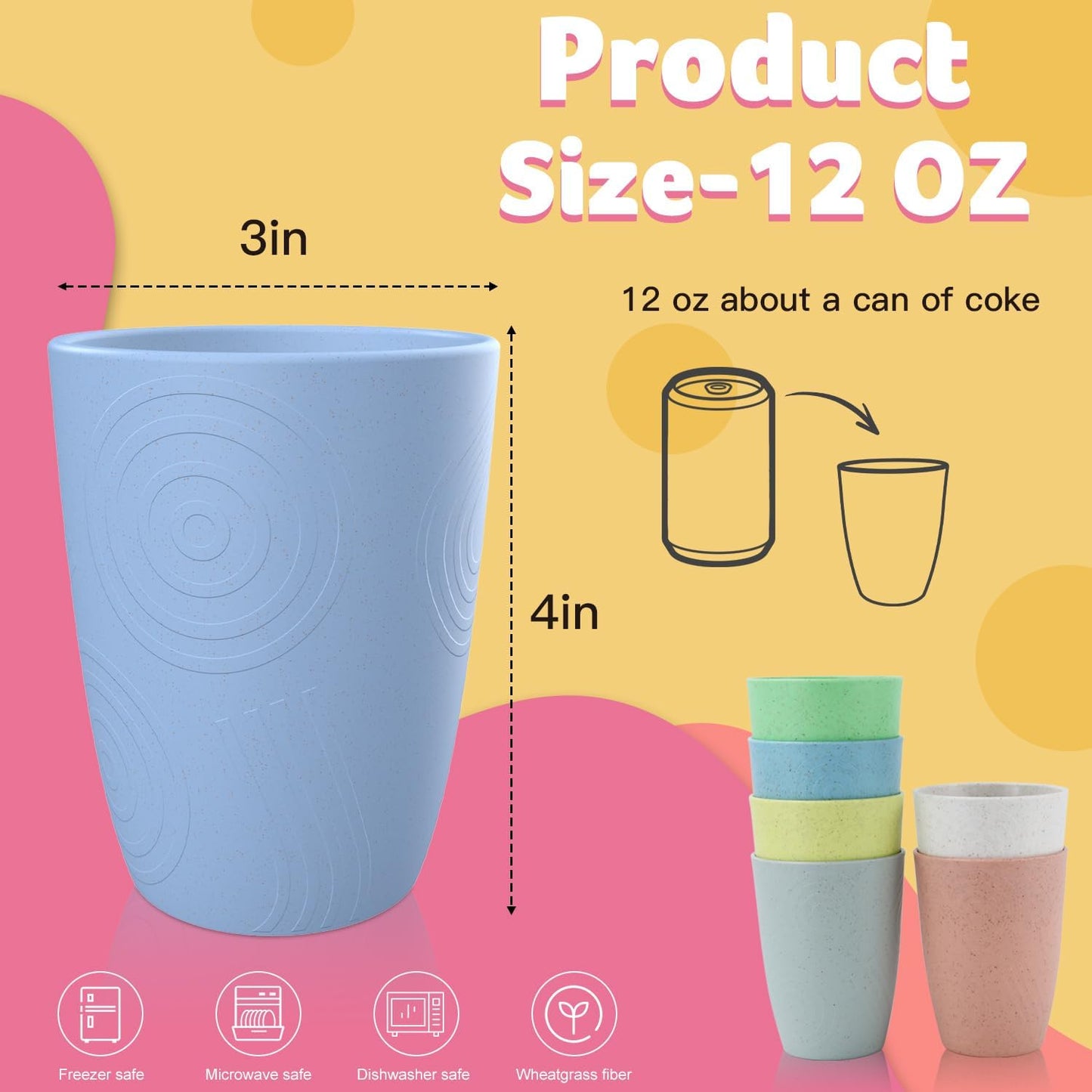 Wheat Straw Reusable Drinking Glasses - Set of 6 Eco-Friendly 12 OZ Tumblers, Unbreakable and Dishwasher/Microwave Safe (Macaron Series)