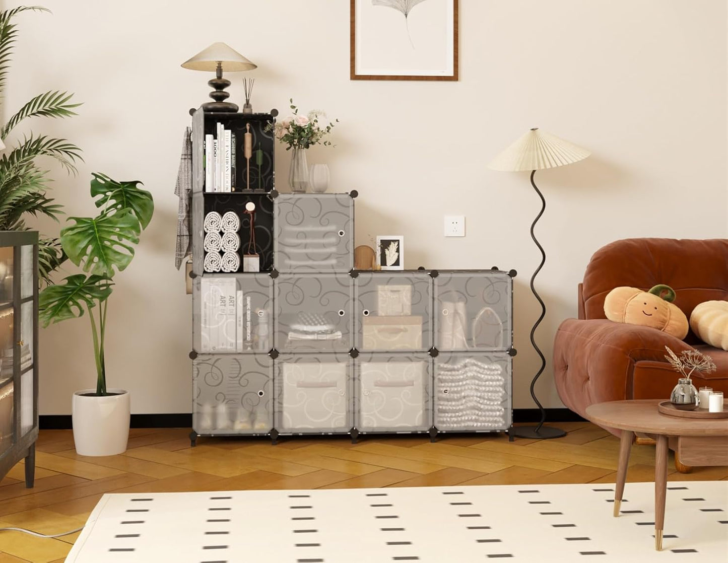 12 Cube Storage Organizer with Doors, DIY Plastic Closet Shelf, Modular Bookshelf, Stackable Shelving Rack for Bedroom, Living Room, Black ULPZ012