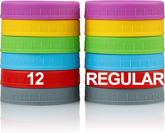 12 Pack REGULAR MOUTH Mason Jar Lids for Ball, Kerr and More - Multicolor Plastic Storage Caps for Mason Jars, Canning Jars - Leakproof, Dishwasher Safe & Food Grade