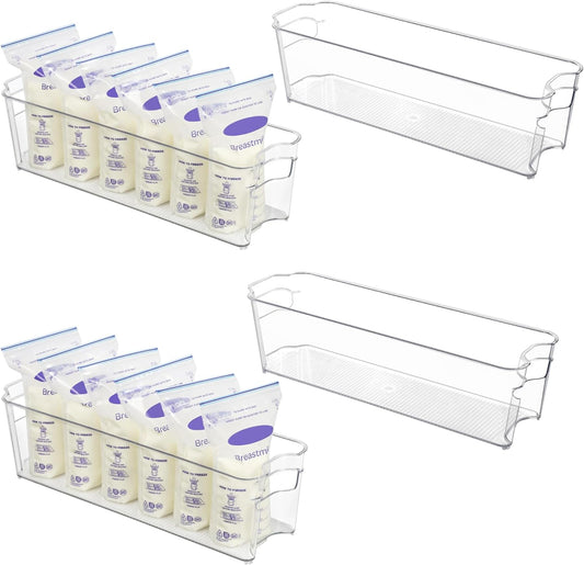 Breastmilk Storage Container 4PCS Set, Clear Freezer and Fridge Organizer Bins, Plastic Storage Bins for Breast Milk, Baby Pouches, Formula, Bottles and Yogurts, 4.3’’ Width, 14.7" Long
