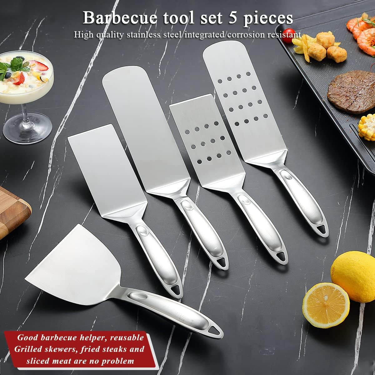 5-Piece Stainless Steel Grill Accessories Kit with Bakelite Handles for Heat Resistance and Durability