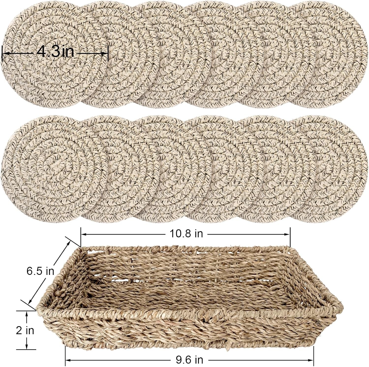 12 Pcs Handmade Woven Coasters for Drinks, Absorbent and Insulating Cotton Coasters with Seagrass Basket Holder Set, Boho Perfect for Coffee Table and Home Decor