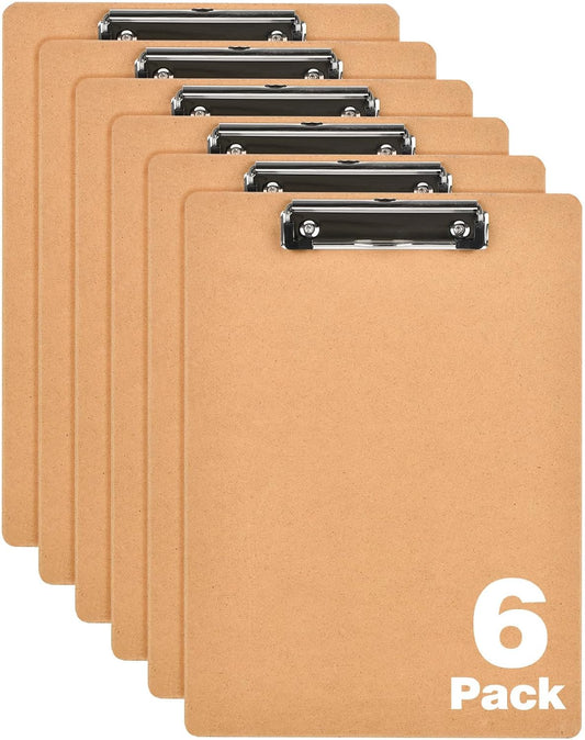 6 Pack Clipboard 8.5 X 11 Letter Size Clip Boards Bulk, A4 Wooden Hardboard Office Clipboards Pack for Classroom, Work-Meetings, Brown