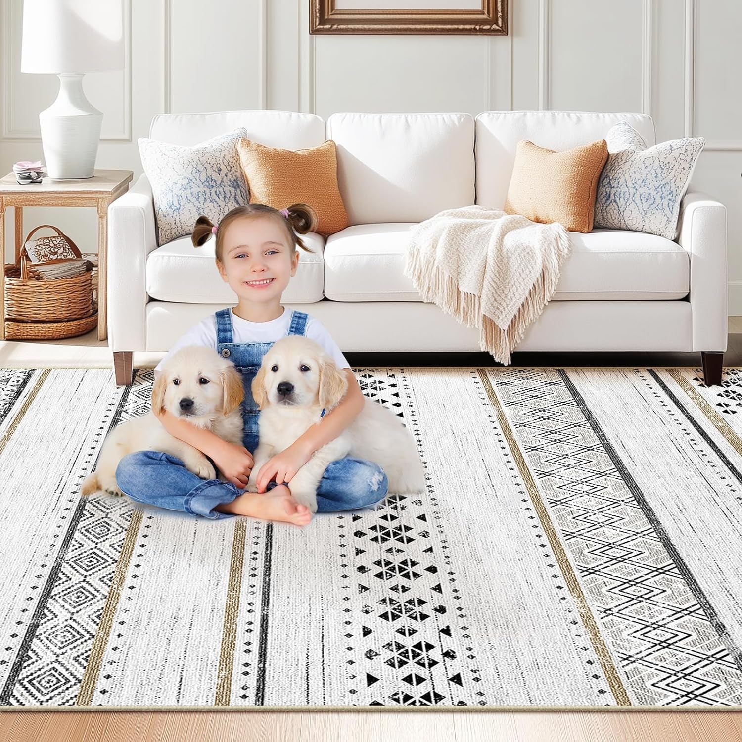 8X10 Area Rugs for Living Room Washable Moroccan Farmhouse Neutral Geometric Low Pile Non-Slip Soft Print Pattern Rug for Bedroom Kitchen Dining Room Entryway Black/Brown