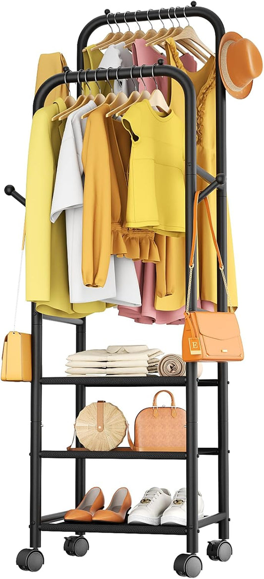 Rolling Clothing Racks for Hanging Clothes, Double Rods Clothes Rack with Wheels, Sturdy Coat Racks,Portable Metal Garment Rack for Bedroom Laundry Living Room, Black