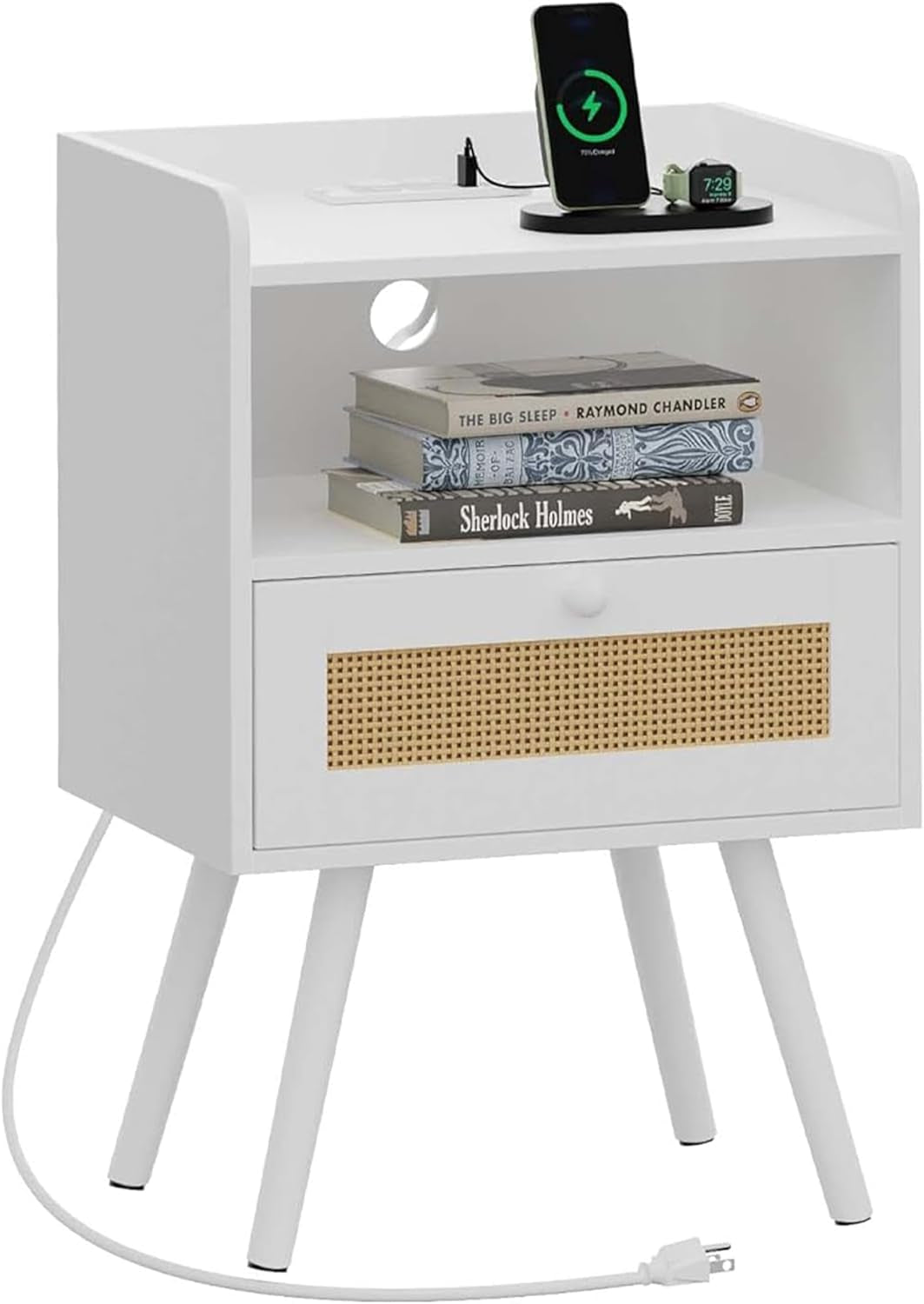 Elegant Nightstand with Integrated Charging Station and Rattan-Inspired Drawer, Solid Wood Leg End Table with Open Storage for Bedroom, Living Room, and Dormitory - White