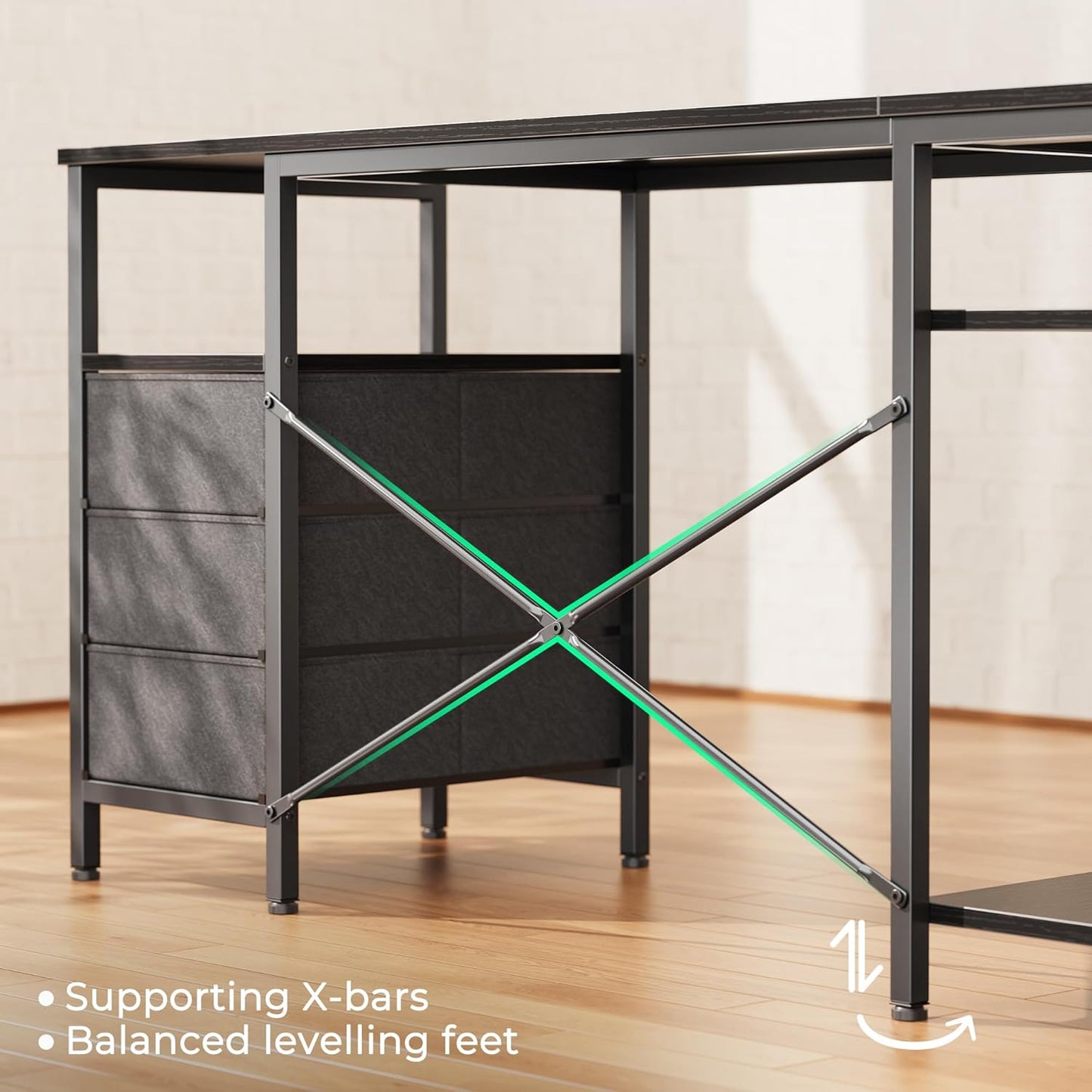 L-Shaped Office Desk with Power Outlets, 47-Inch Computer Desk featuring 3 Drawers and Shelves for Gaming, Home Office, and Study in Black