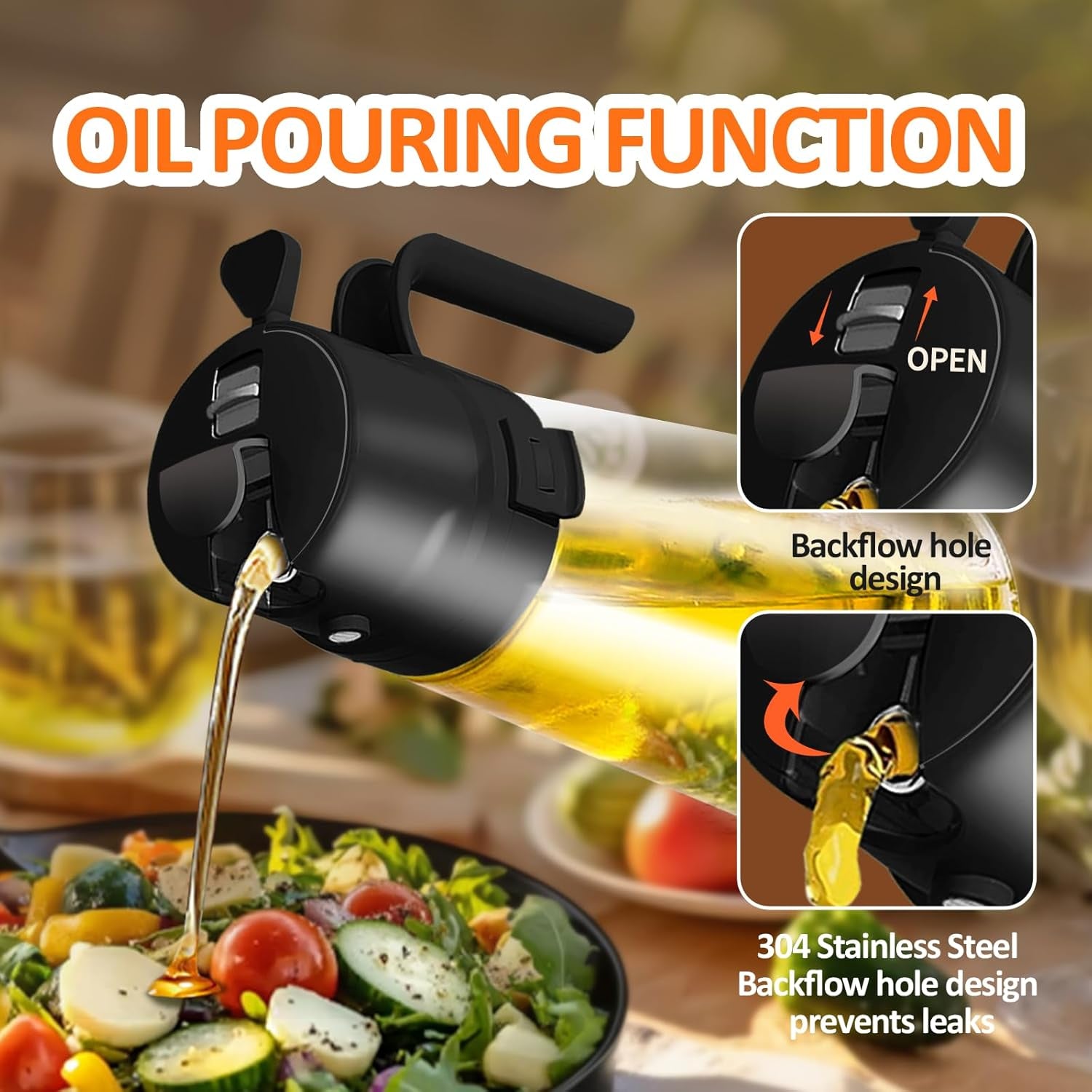 16Oz/470Ml Easy Refillable Oil Sprayer for Cooking, 2 in 1 Oil Dispenser for Kitchen and Oil Sprayer Bottle, Food-Grade Glass Oil Mister with Simple Open Design, Air Fryer,Bbq (Black)