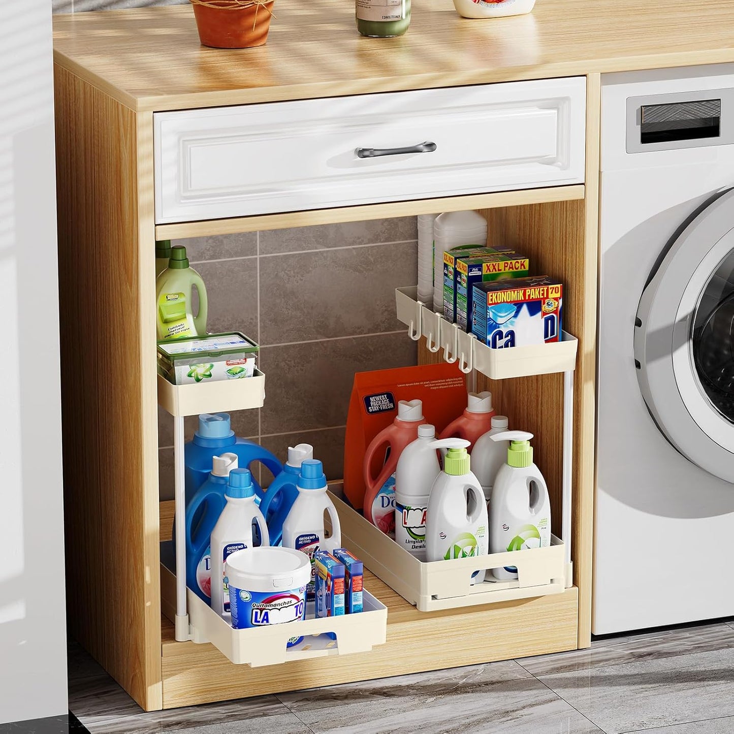 2 Pack under Sink Organizers and Storage, L-Shape Beige under Bathroom Kitchen Sink Organizer with Drawer for under Sink Storage Organizer