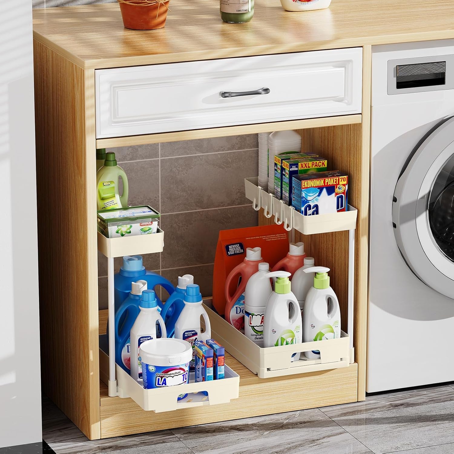 2 Pack under Sink Organizers and Storage, L-Shape Beige under Bathroom Kitchen Sink Organizer with Drawer for under Sink Storage Organizer