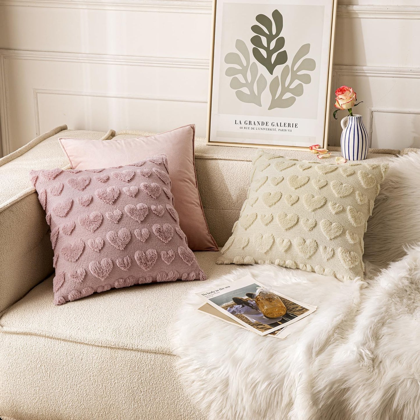 Set of 2 Beige Mothers Day Valentines Pillow Covers Heart Love Decorative Cute Throw Pillows 18X18 Inch Soft Plush Faux Wool Farmhouse for Spring Sofa Livingroom Bed