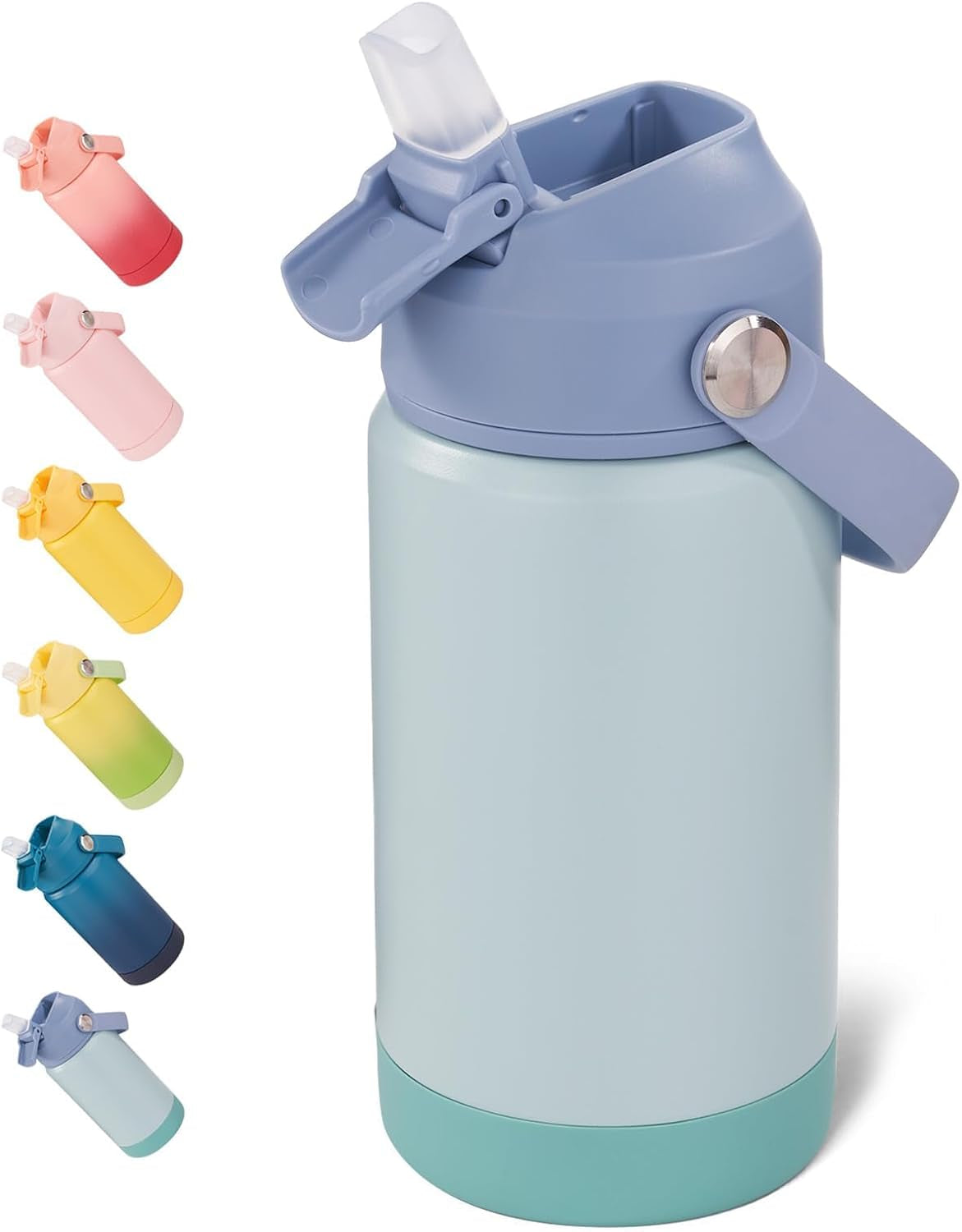 12 Oz Water Bottle, Kids Water Bottles for School, Toddler Water Bottle with Straw & Handle, 304 Stainless Steel Insulated Water Bottle, Non-Slip Silicone Base, BPA Free, Haze Blue
