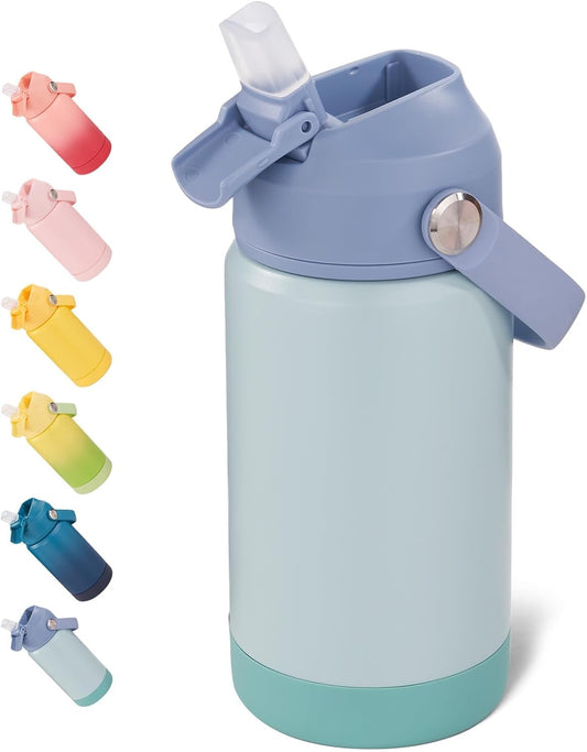 12 Oz Water Bottle, Kids Water Bottles for School, Toddler Water Bottle with Straw & Handle, 304 Stainless Steel Insulated Water Bottle, Non-Slip Silicone Base, BPA Free, Haze Blue