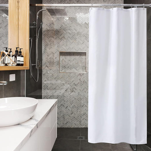 Small Stall Shower Curtain Liner Washable, 36 X 72 Inches, Fabric Shower Liner with 2 Bottom Stones, Narrow Waterproof RV Shower Curtain Liner, 6 Grommet Holes, Hotel Quality, White