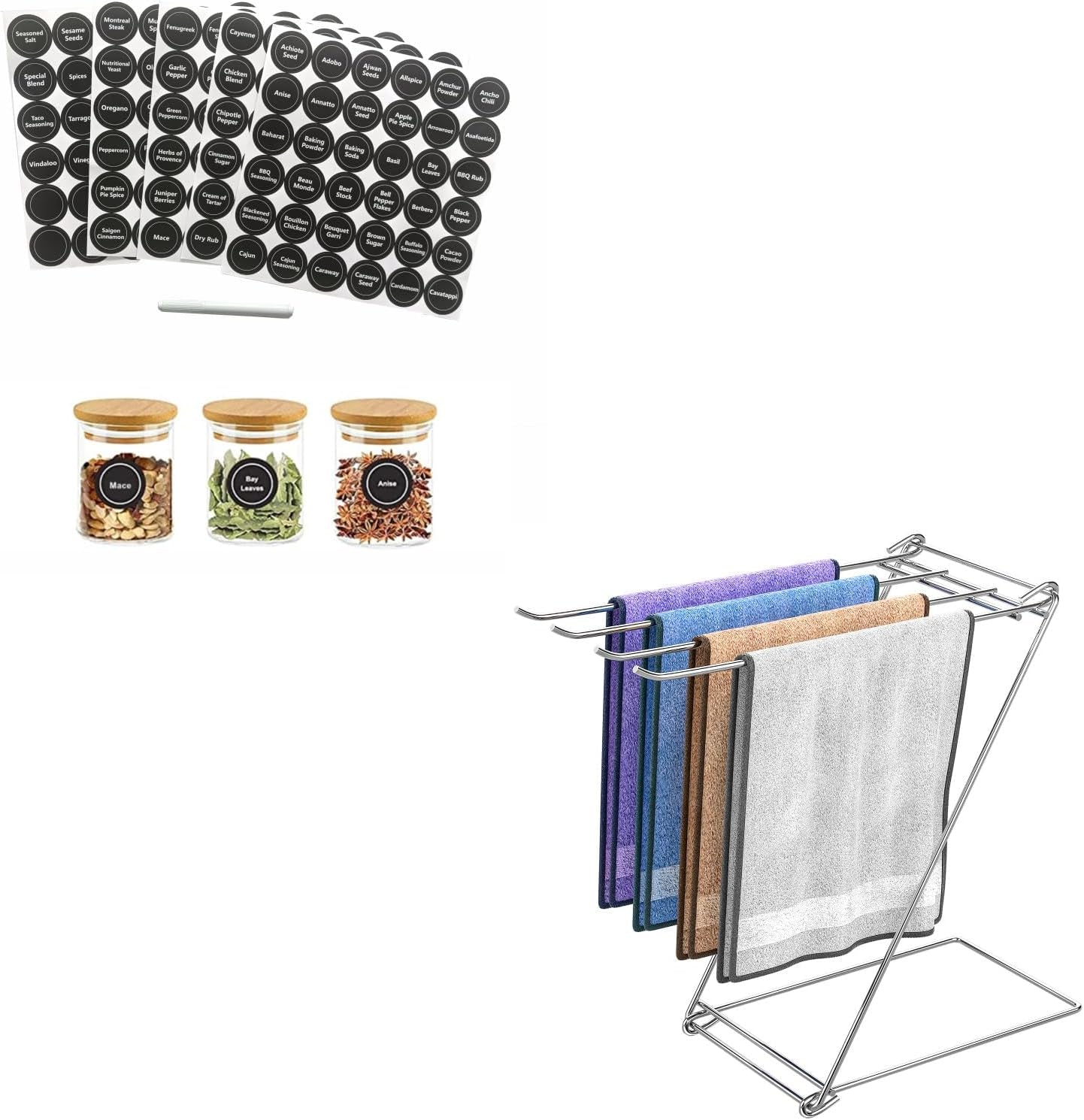 180 Spice Jar Labels - Chalkboard Stickers, Preprinted and Blank and Kitchen Towel Holder Stand, 4-Arm Dish Towel Holder Countertop Hand Towel Holder for Bathroom
