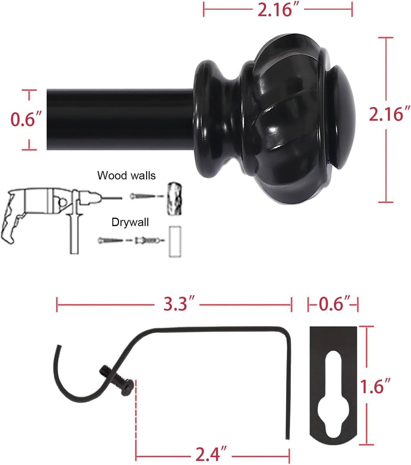 Curtain Rods for Windows 16.2 to 59.4 Inch, 3/4 Inch Black Curtain Rod, Adjustable Heavy Duty Drapery Rod, Modern Curtains Rods for Bedroom with Easy Install Design, Matte Black