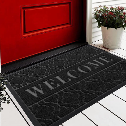 Welcome Mat Outdoor Indoor 29.5X17, All-Weather Waterproof Front Door Mat outside Entrance, Non-Slip Low Profile Porch Patio Doormat, Black