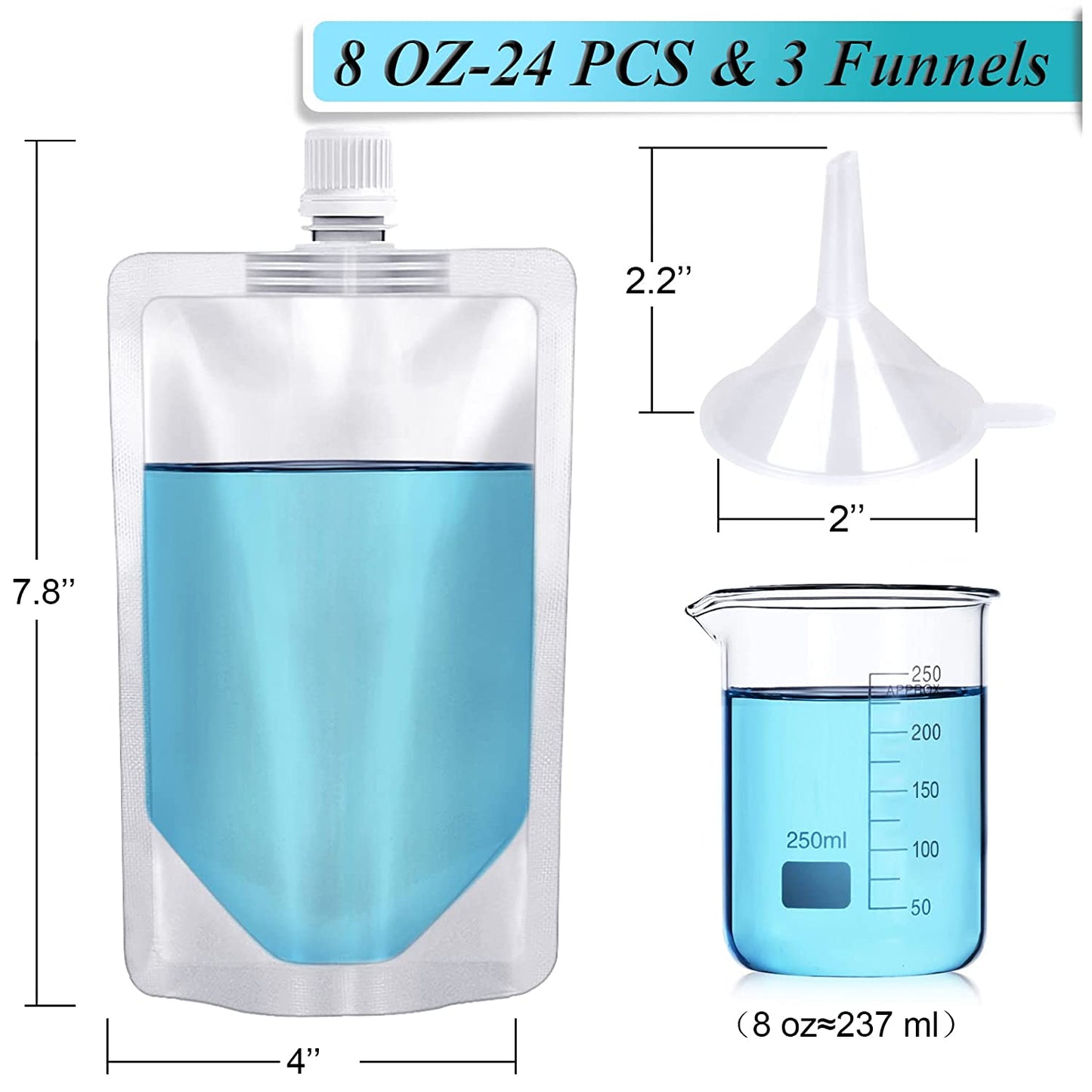 Plastic Flasks 24 PCS, 8 Oz Concealable and Reusable Drink Pouches, Leak-Proof Food Grade Plastic for Travel, Outdoor Sports (8OZ-24PCS +3 Funnels)