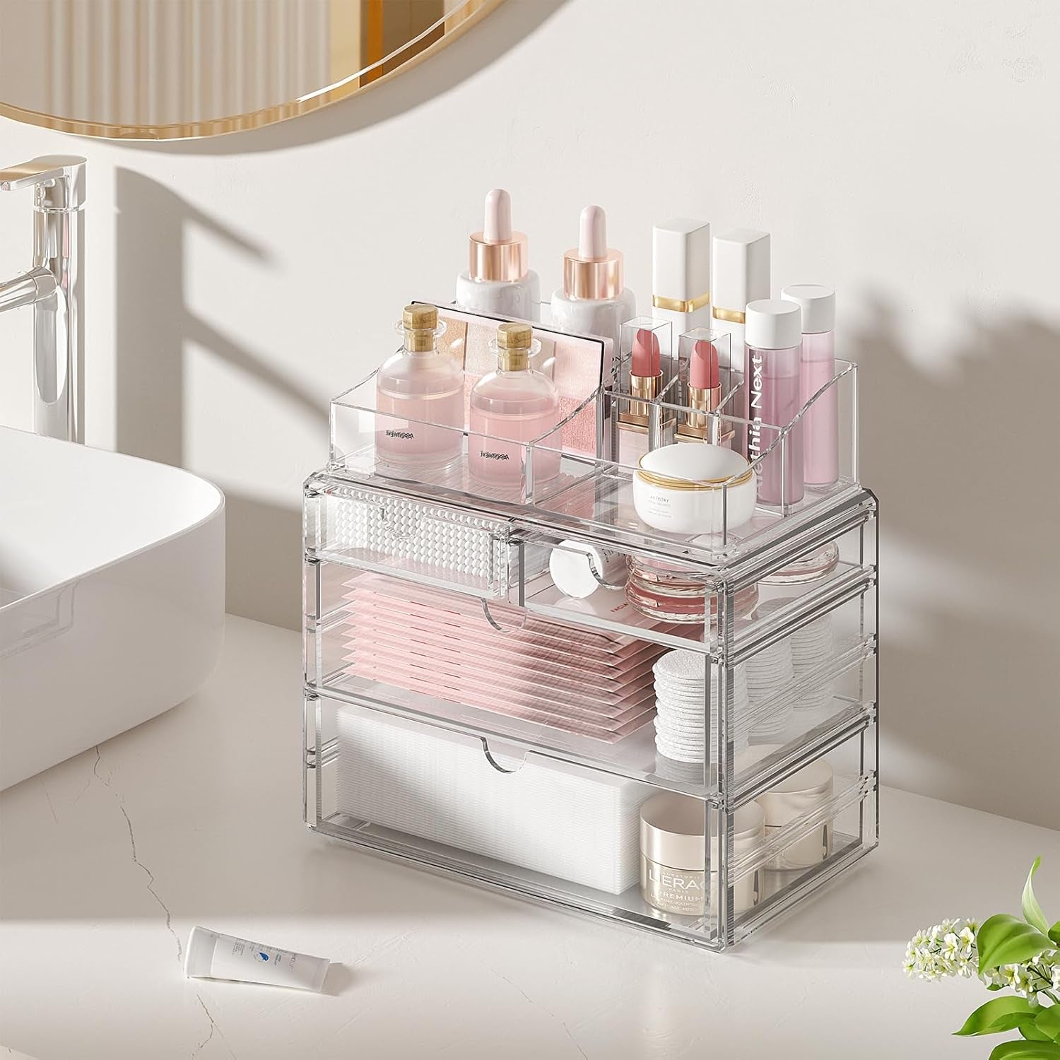 4-Tier Clear Makeup Organizer with Drawer - Stackable Acrylic Cosmetic Storage for Bathroom Vanity & Dresser Countertop, Make up & Jewelry Storage, Beauty Holder for Lipstick Brush Skincare