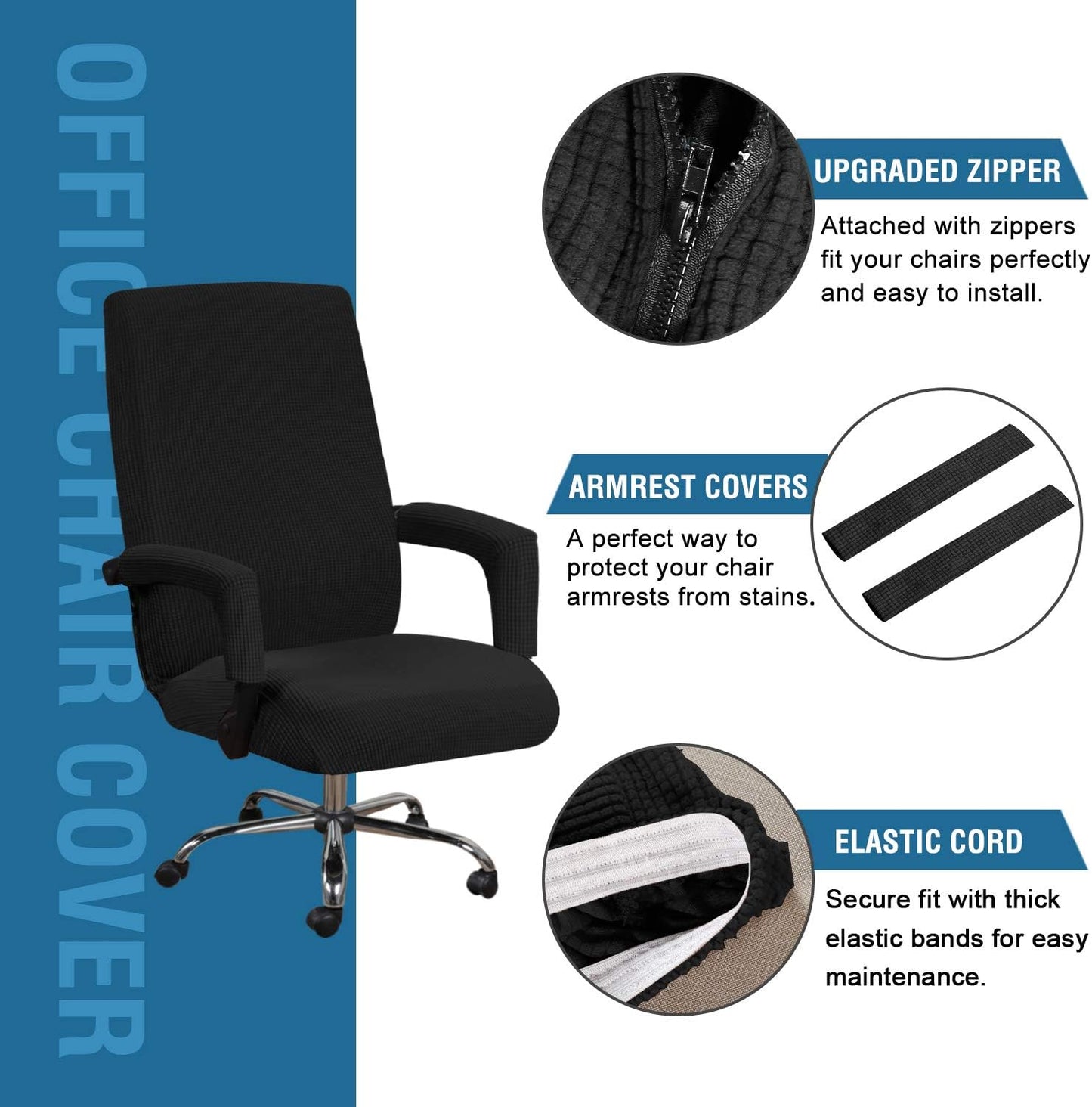 Home Office Chair Covers Stretchable Computer Desk Chair Covers Mid - High Back Universal Executive Boss Gaming Seat Cover Removable Machine Washable,Non Slip Thick Jacquard, Black- Large