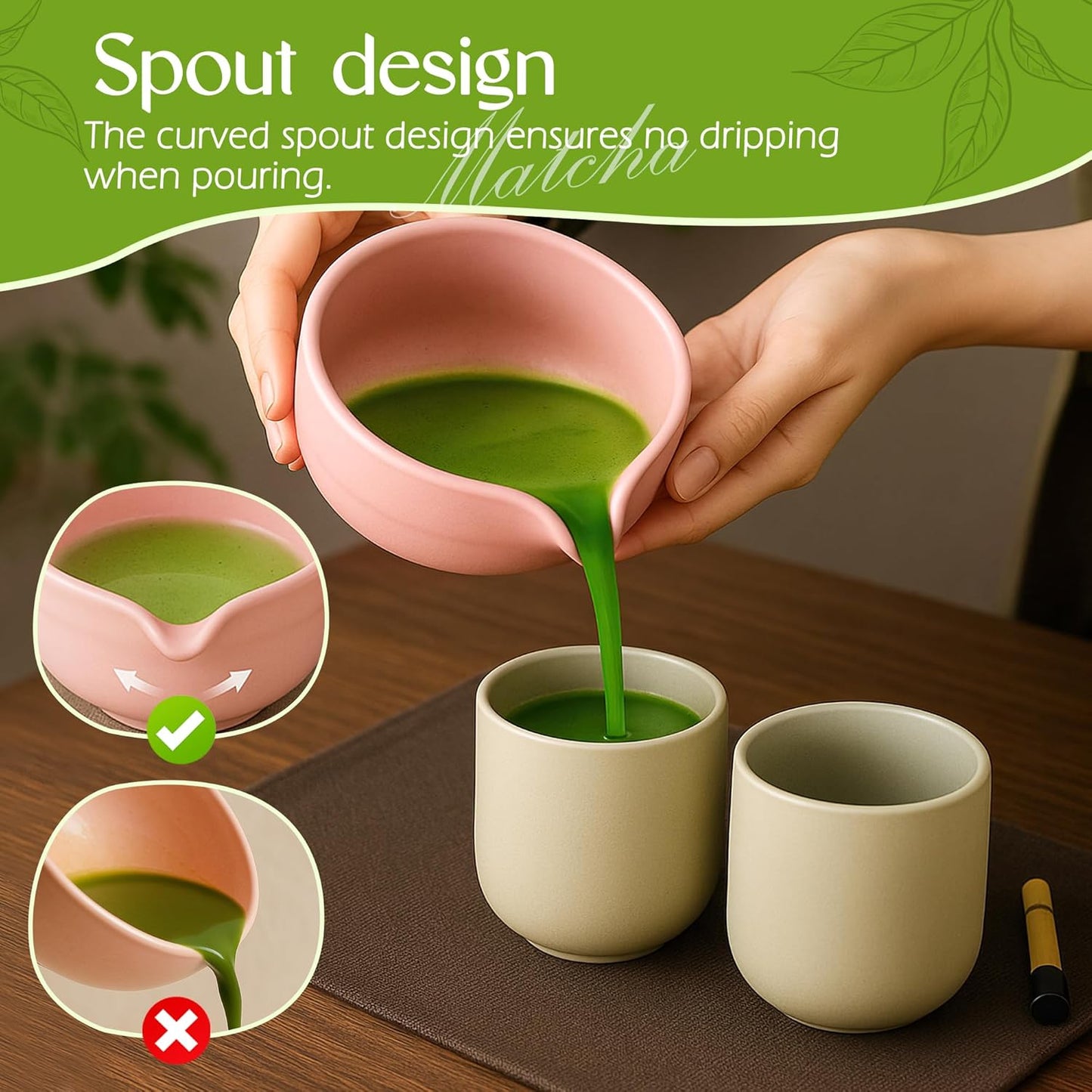 17Oz Pink Matcha Bowl with Spout,2Pcs Ceramic Chasen Stand and Mixing Bowls Set,Japanese Style Handmade Green Tea Cute Chawan,Gifts for Matcha Lovers and Novices(500Ml)