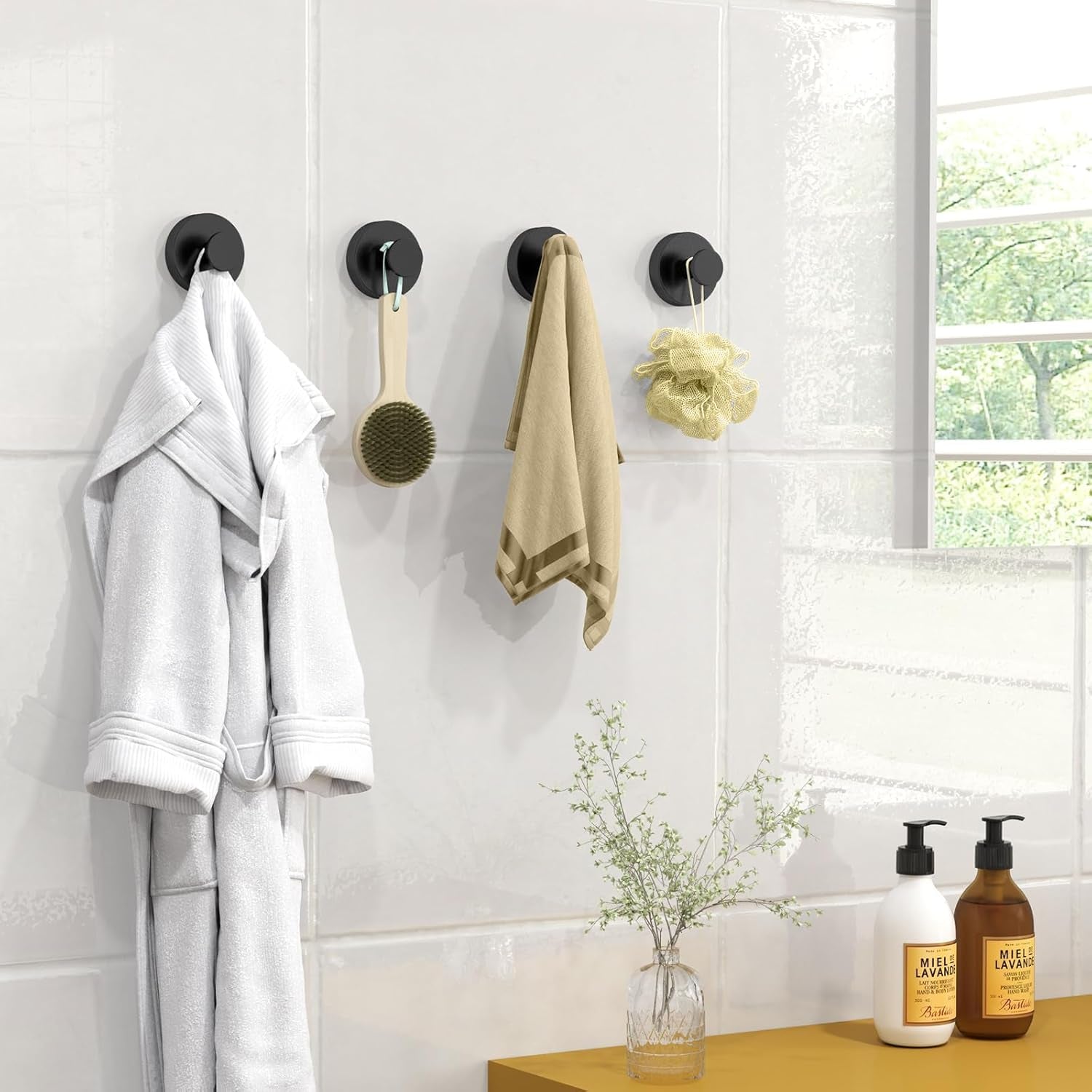 Suction Cup Hooks for Shower, Heavy Duty Towel Hooks for Bathroom Walls No Damage, Modern Shower Suction Hooks for Kitchen Wall, Glass, Mirror, Tile, Hanging Towels Robes, Black (2 Pack)