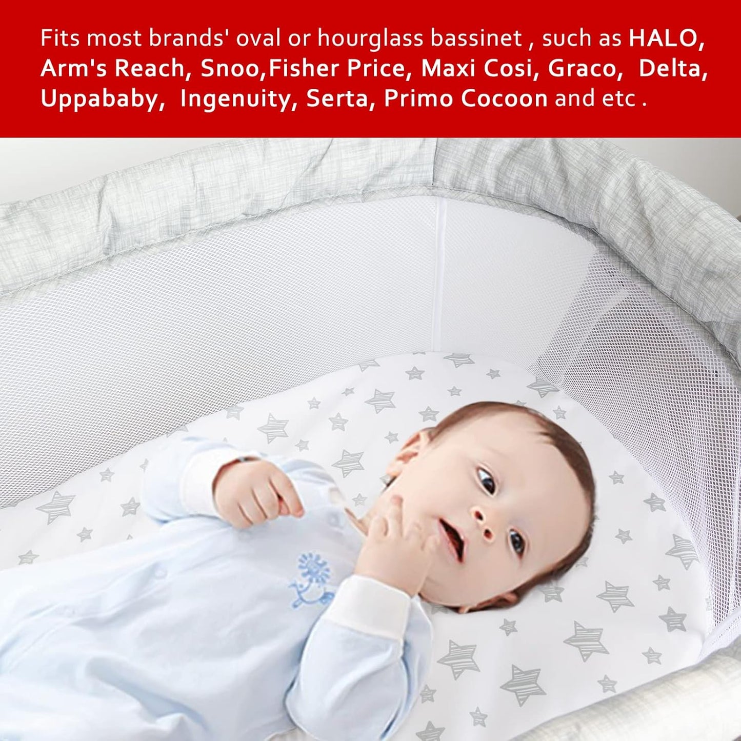 Bassinet Sheets 2 Pack, Fit for Halo Bassinet Swivel Sleeper, Universal Sheet for Rectangle, Oval, Hourglass Bassinet Mattress Flexible for Different Cradle, Grey&White