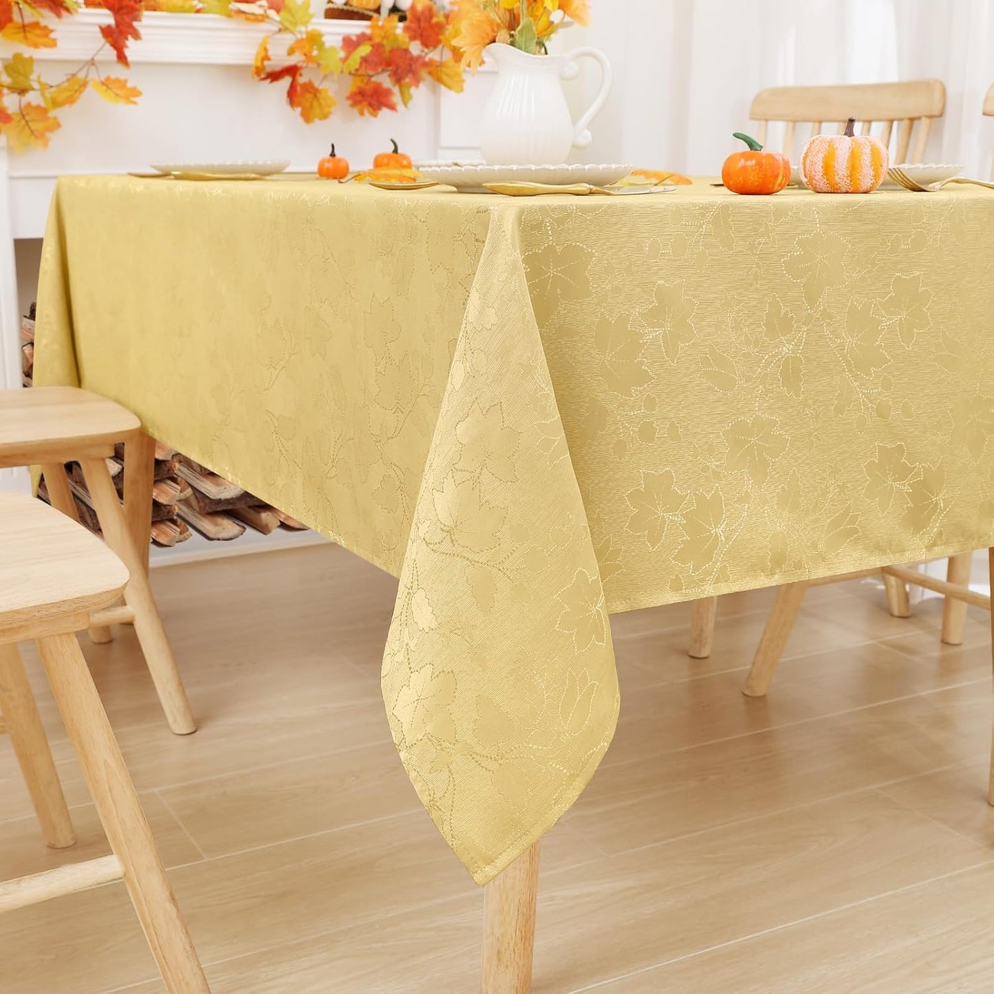 Rectangle Thanksgiving Tablecloth, Waterproof Jacquard Fall Table Cloth, Damask Cloth Table Cover for Harvest Decor (60" X 102", Yellow Maple Leaf)