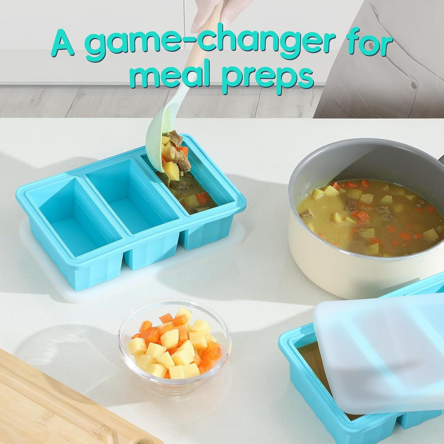 1-Cup Silicone Freezer Tray with Lid - Soup Food Cube Molds, Large Ice Cube Tray, Easy Meal Prep Kitchen Storage Container, Freeze Store Soup Block, Sauce, Broth, Leftovers - 3 Pack