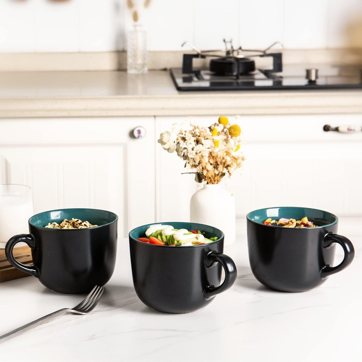 Set of 4 Jumbo Ceramic Soup Mugs with Handles, 24 Oz Capacity, Microwave and Dishwasher Safe - Green Interior
