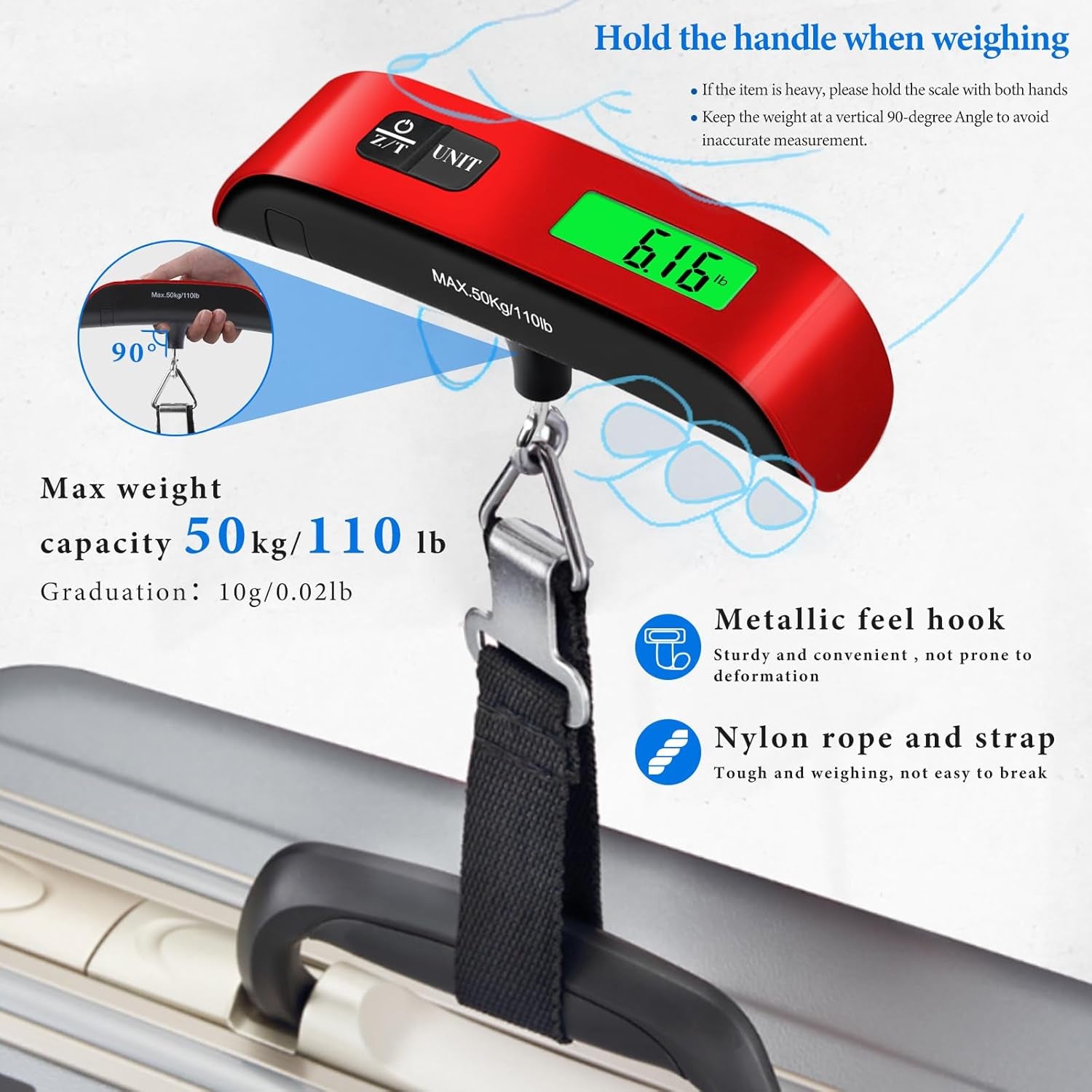 Luggage Scale, 110Lb Luggage Weight Scale with 4 Unit Switching Functions&Led Display, Luggage Scale Travel Digital for Weighing Luggage, Backpacks, Packages and Markets(Red)