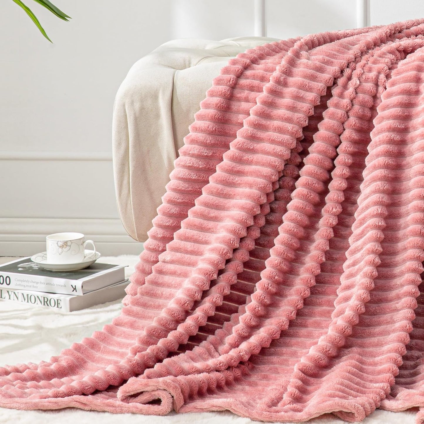 Fleece Throw Blanket for Couch – 3D Ribbed Jacquard Soft and Warm Decorative Fuzzy Blanket – Cozy, Fluffy, Plush Lightweight Pink Throw Blankets for Bed, Sofa, 50X60 Inches