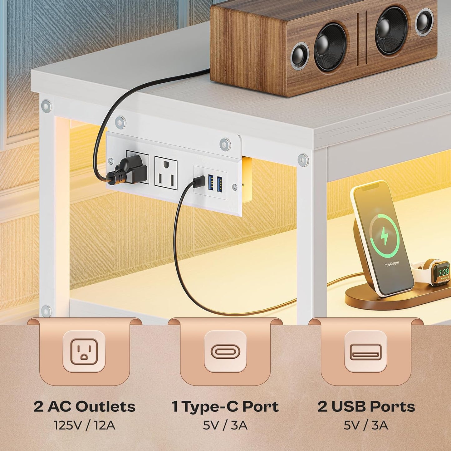 Modern LED TV Stand for Bedroom - 47 Inch Dresser with Storage for 43, 50, and 55 Inch TVs, White Entertainment Center with Power Outlets and 6 Drawer Fabric Dresser for Living Room