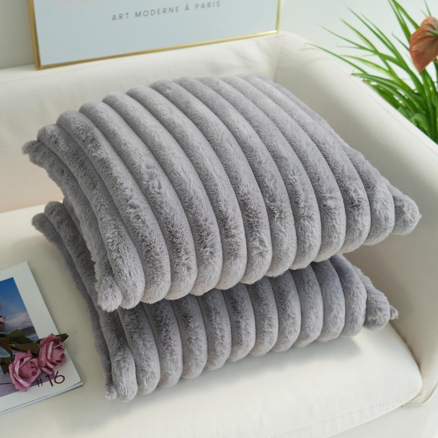 Pack of 2 Faux Fur Plush Decorative Throw Pillow Covers Couch Cushion Case Soft Pillowcases (Grey, 20 X 20-Inch)