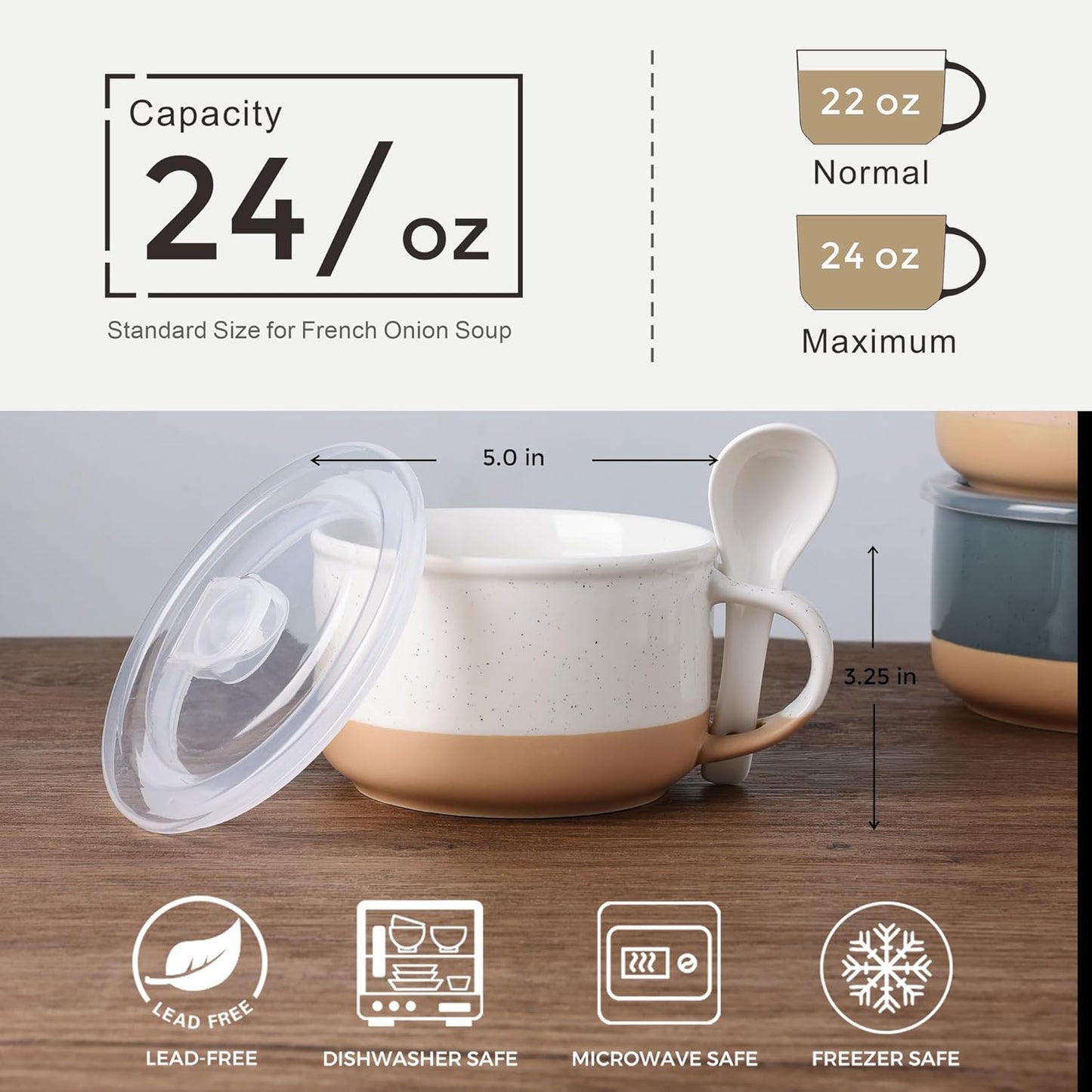 Ceramic Soup Mugs Set of 4 with Handles and Lids, 24 OZ Capacity, Terracotta Underside, Includes Spoons for Soup, Cereal, Salad, Noodles, and Ramen, Microwave and Dishwasher Safe - Colorful Design