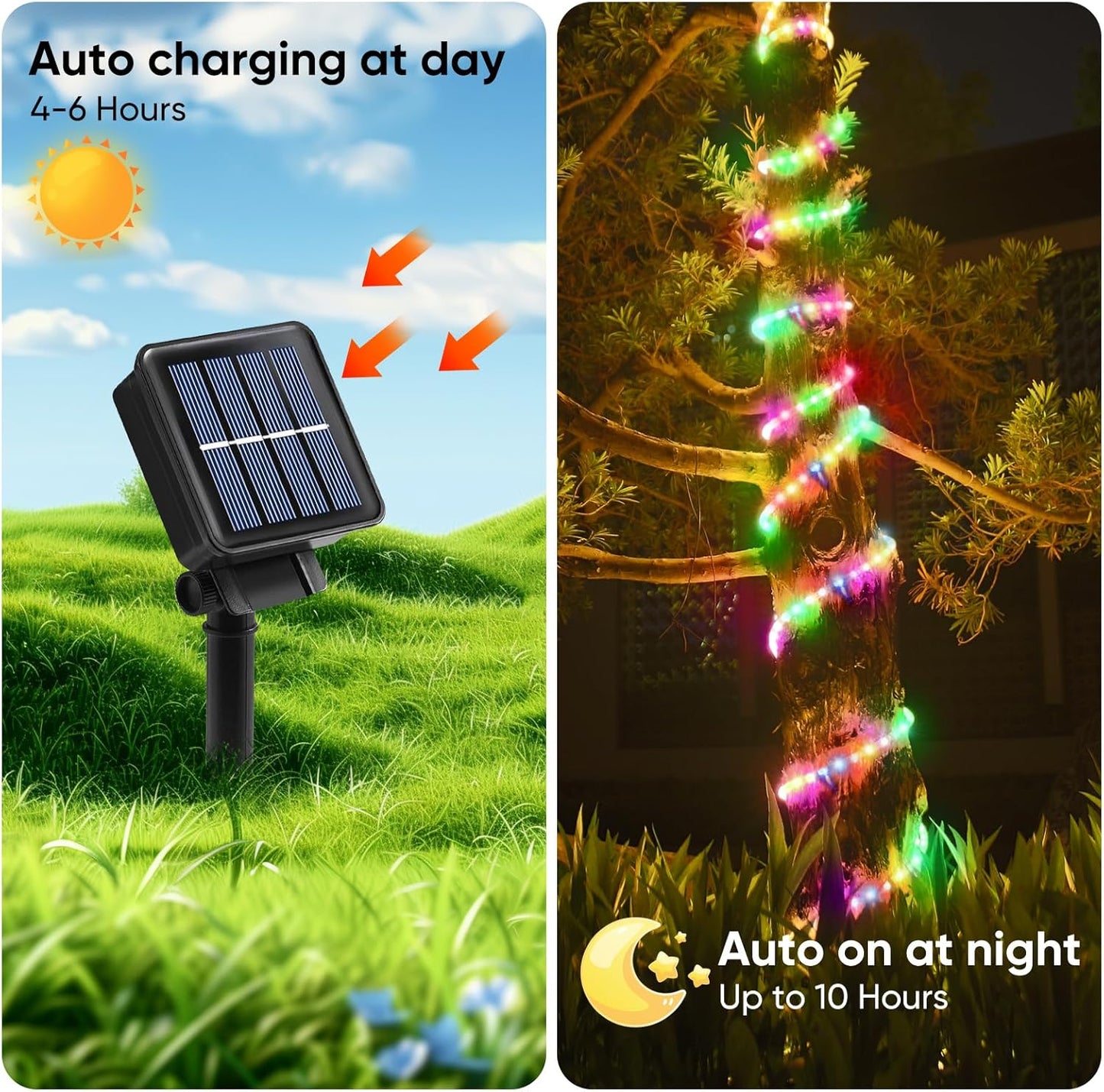 Solar String Lights with PVC Tube, 1 Pack, 33 Ft, 100 LED, Multi Color, 8 Modes, Durability, Waterproof, for Outdoor Use, Ideal for Garden, Patio, Yard, Wedding