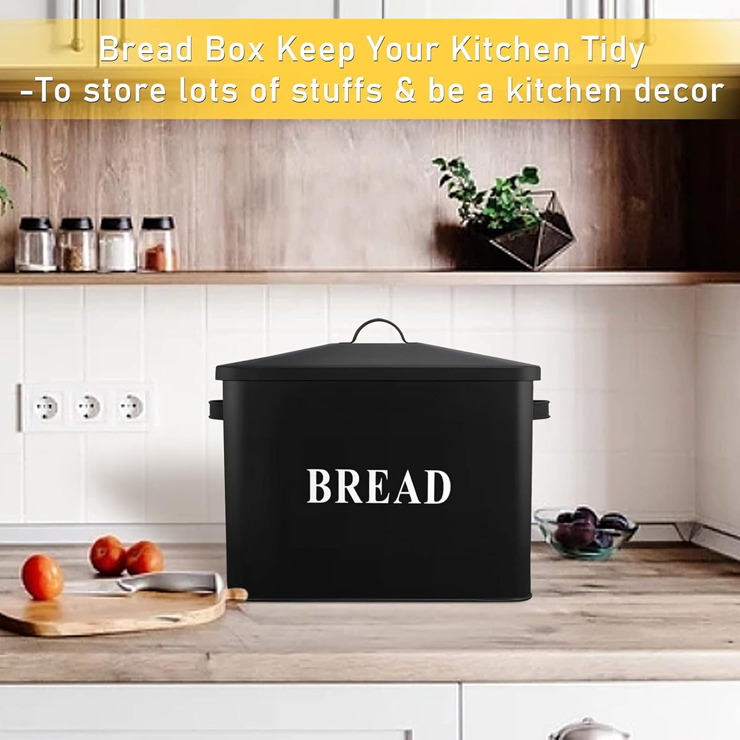 Extra Large Bread Box with Lid, Metal Bread Storage Container for Farmhouse Kitchen Countertop, 13.1” X 11.81” X 7.2” Inches for Holding 2+ Loaves, Indoor & Outdoor Use, Black