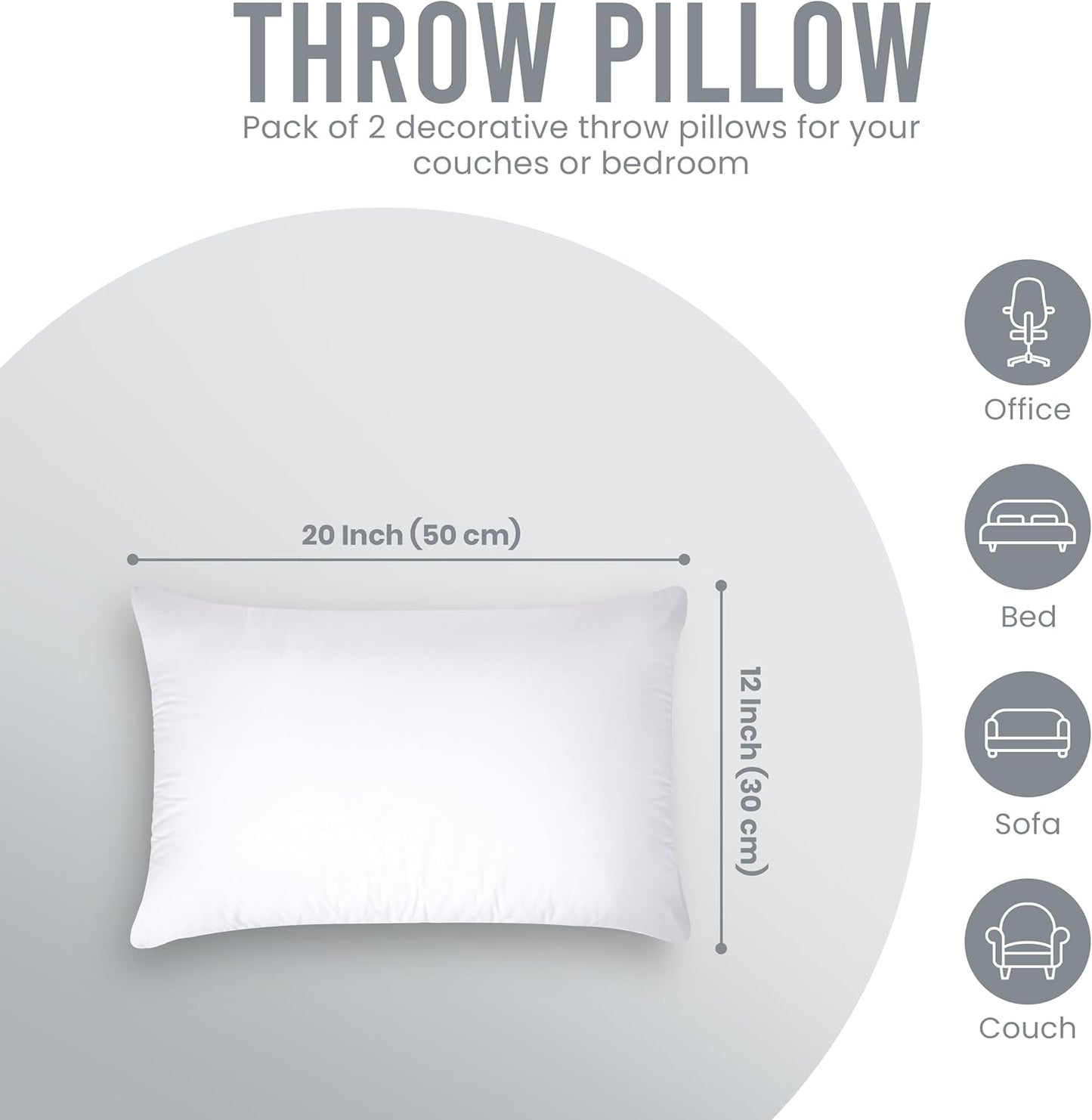 Throw Pillows (Pack of 2, White), 12 X 20 Inches Indoor Decorative Pillow Insert for Sofa, Bed and Couch