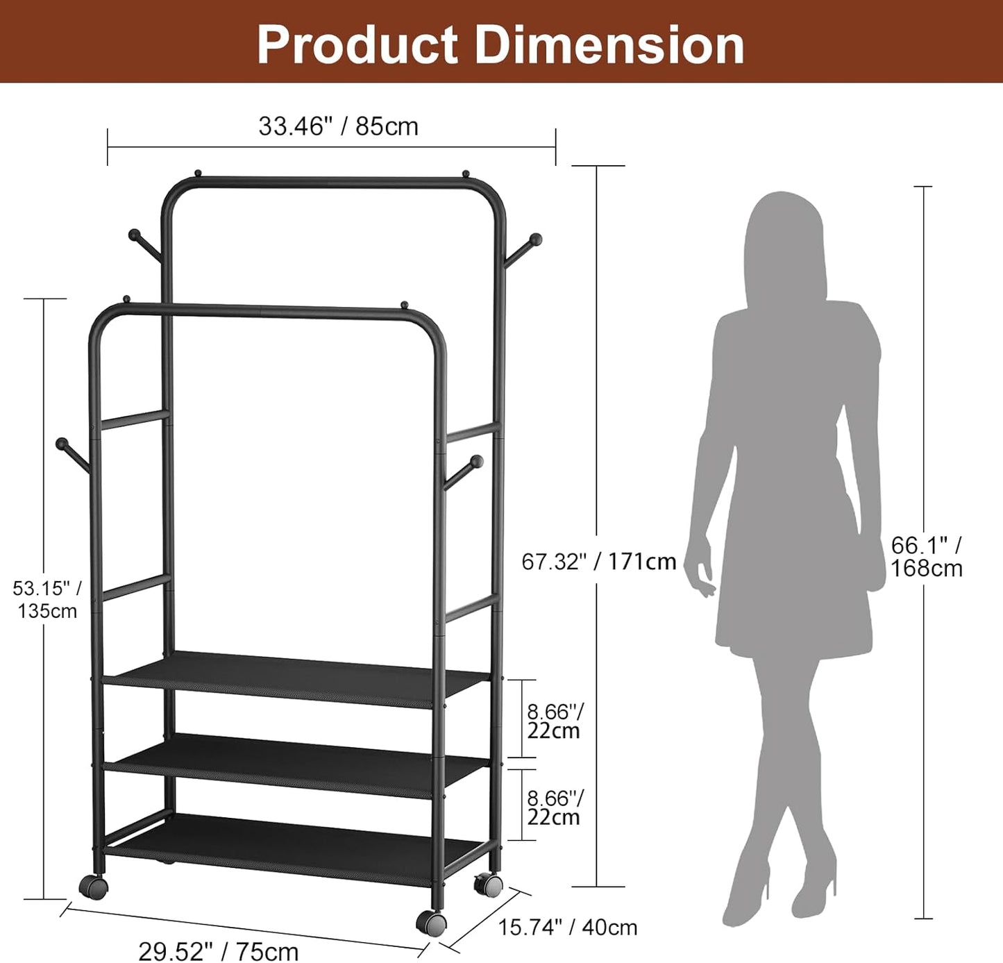 Clothes Racks for Hanging Clothes, Portable Rolling Garment Rack, Sturdy Metal Freestanding Cloths Racks with Wheels, Double Rods Wardrobe Rack for Bedroom Laundry Living Room
