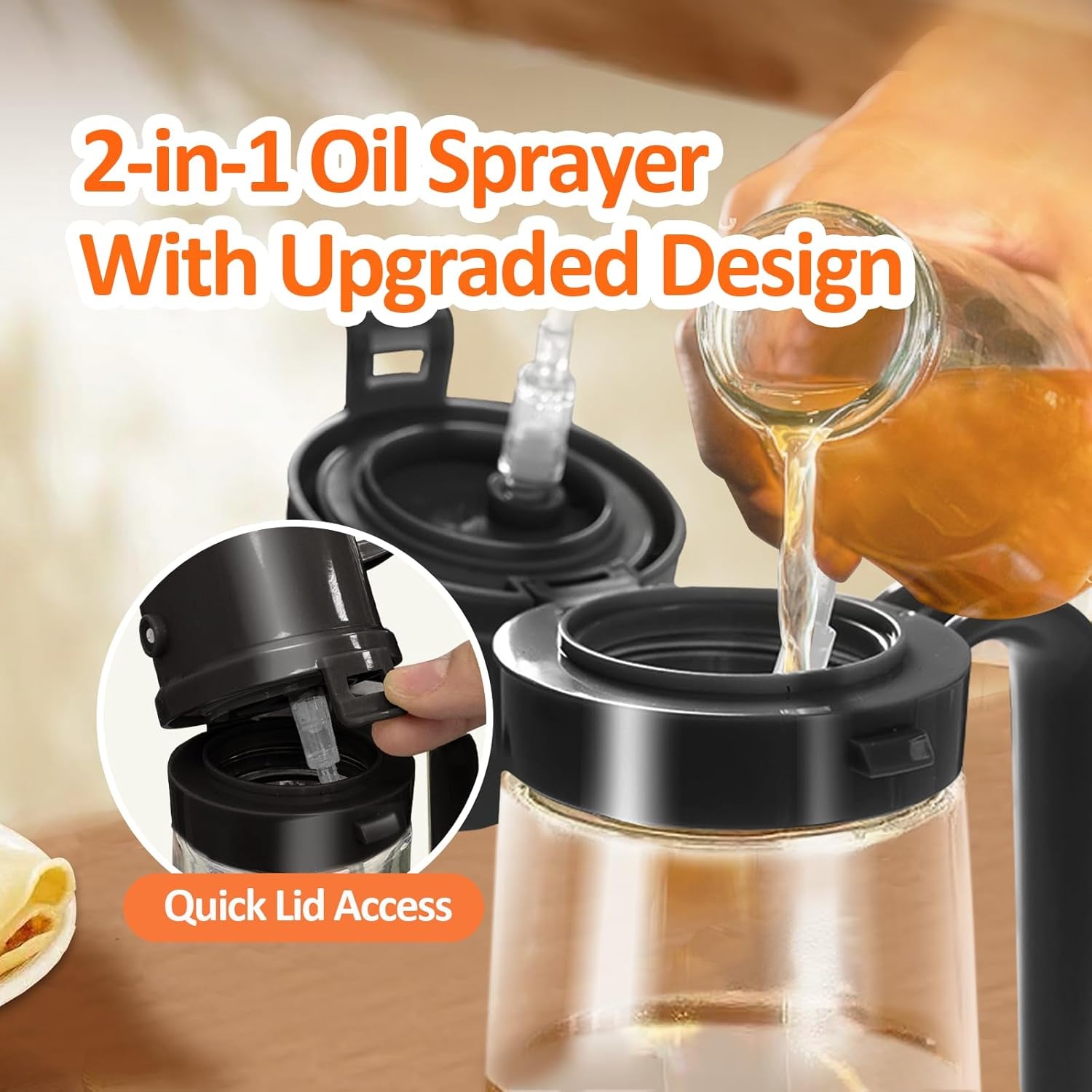 16Oz/470Ml Easy Refillable Oil Sprayer for Cooking, 2 in 1 Oil Dispenser for Kitchen and Oil Sprayer Bottle, Food-Grade Glass Oil Mister with Simple Open Design, Air Fryer,Bbq (Black)